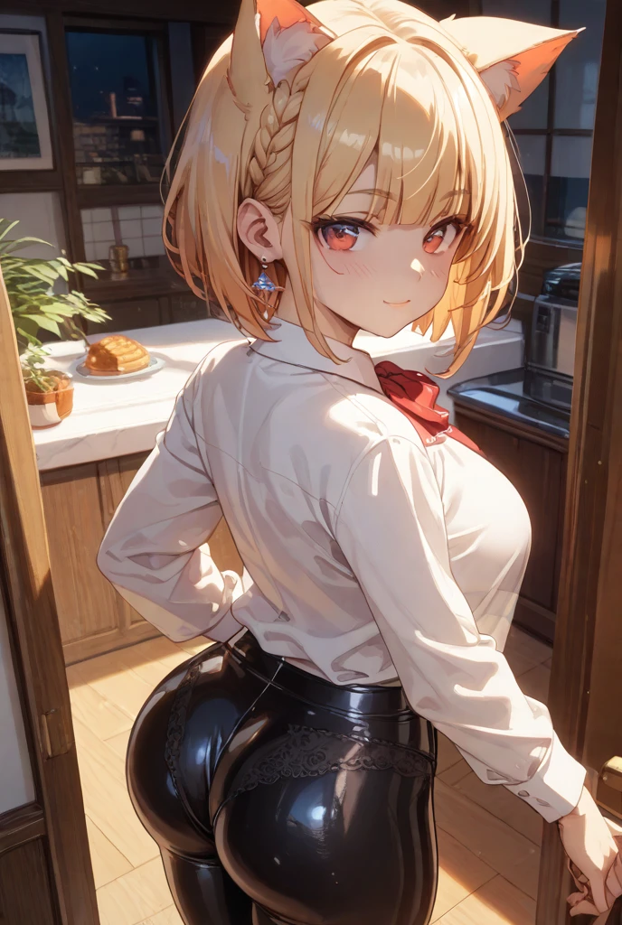 name zoe. 20 year old teenager, beautiful angelic face. red eyes. White skin color. height 1,70, retail physicist, large and firm breasts, Short blonde hair. Clothes, T-shirt at the height of the abdomen. tight red pants. body detail, view from behind, rear view big sexy buttocks. sad expression sad eyes
