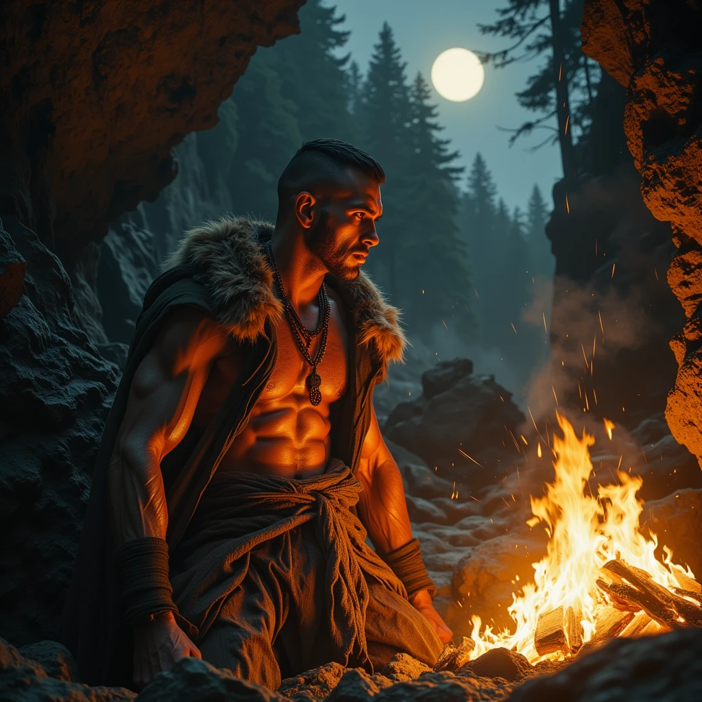 A muscular masculine man with undercut hairstyle, , wearing an open fur coat revealing his sweaty hairy , intensely observing flickering bonfire flames in a vast cave interior. Hyper-detailed facial features with smoldering eyes glowing in firelight. Background features dense fog-shrouded forest under starry night sky, cold breath visible in moonlit air. Warm firelight dances on wet cave walls with smoldering embers floating upwards. Shot in ultra-realistic 3D render style with cinematic close-up framing, atmospheric chiaroscuro lighting creating dramatic shadows. Contains elements of primal wilderness, epic solitude, and raw physicality.