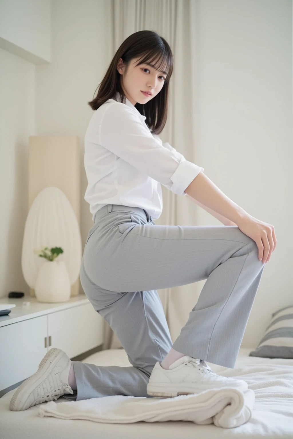Tabletop, Beautiful woman, (30 years old、Japanese), (Library Background、mechanical、Bookshelf), ,(((White tight pants:1.5))), (((Beautiful Hair、Bob Hair, Brown Hair))), feet, (Skin Texture:1.1), highest quality, 超A high resolution, (Realistic: 1.4), RAW Photos, , Nikon D850 film stock photo, F1.6 lenses, Rich colors, Realistic, Cinestill 800, Backlight, Rim Light, Studio Lighting, Erotic photos, (Facing his back to the viewer)、(両feetを広げて立っている:1.6)、(Holding the desk with both hands:1.6)、(Waist90Bending to degrees:1.5)、(Hold the desk with both hands and bend down:1.6)、(A kind smile:1.6)、(One female)