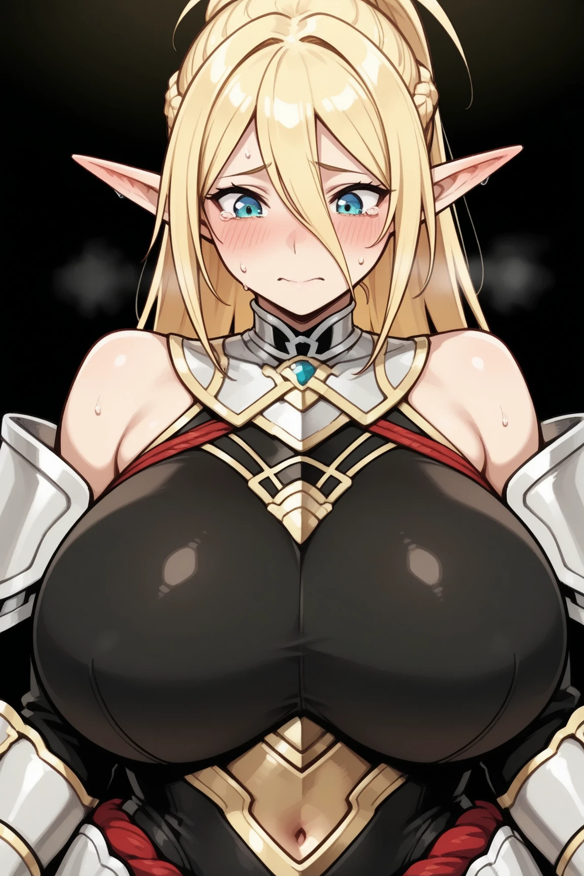 Only One Woman、Blonde、Sharp, pointed ears、Long Hair、ponytail、Large size breasts、Visible nipples、female knight、Wearing black armor、Wearing stockings、garter belt、Cleavage、Urinating in prison、Spread your legs、Squat positions、Embarrassing、Open your mouth、Blushed face、Spilling urine from the crotch、Suppressed、Handcuffs、Shackles、Bound in chains、Hands above head