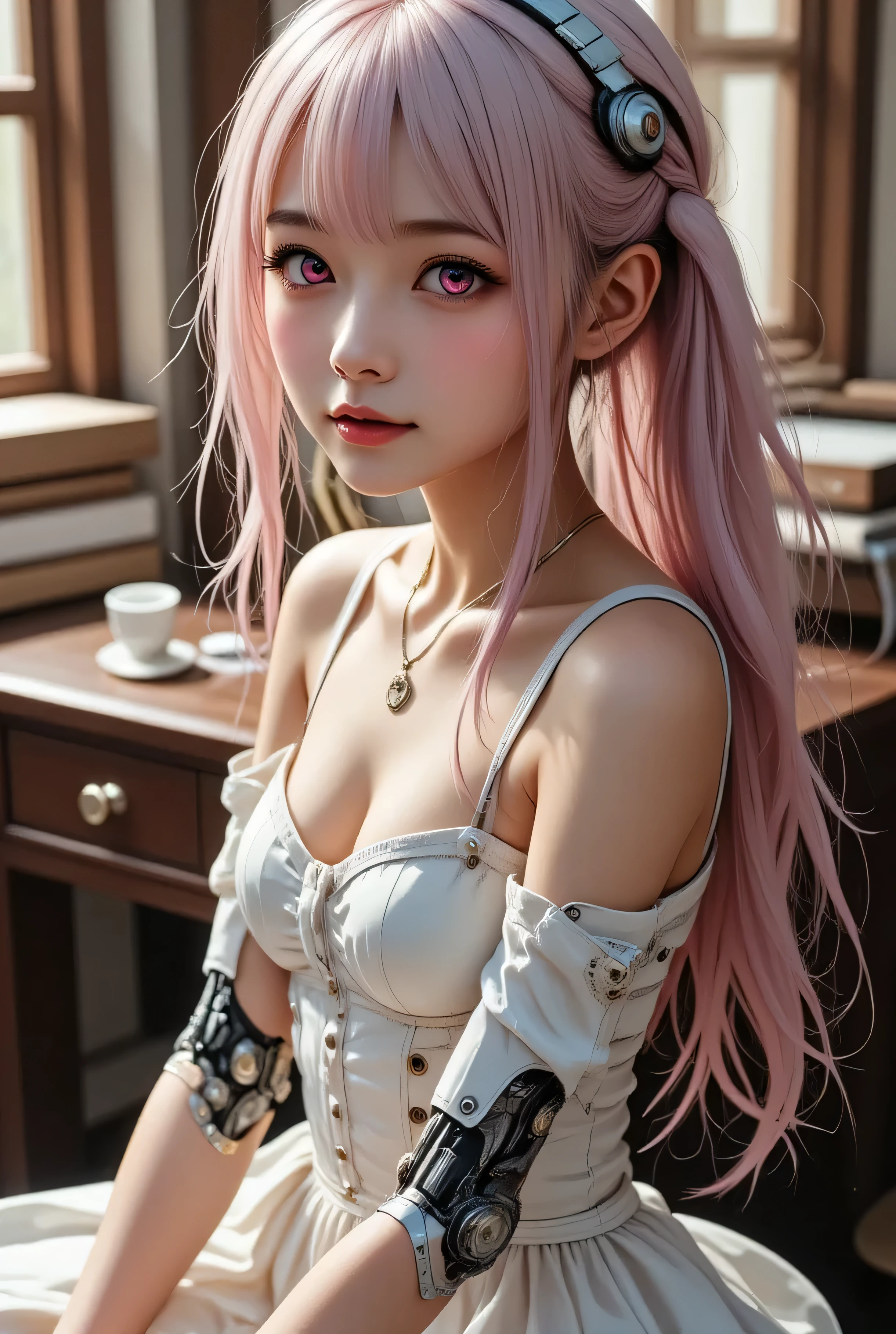 Female Cyborg , mid shot . realistic and detailed mechanical body , exposed wiring and metal joints , sitting in front of a dresser、Gesture of tying hair 、turning around、 Smile Yan、Getting ready for a date、 cinematic lighting , shortage々 atmosphere , Alita : intense yet ephemeral aesthetics inspired by battle angels , photorealistic style , SF Environment . silver pink hair . PINK EYES . pottery skin . Mysterious as a Dream . Elegant and Realistic .