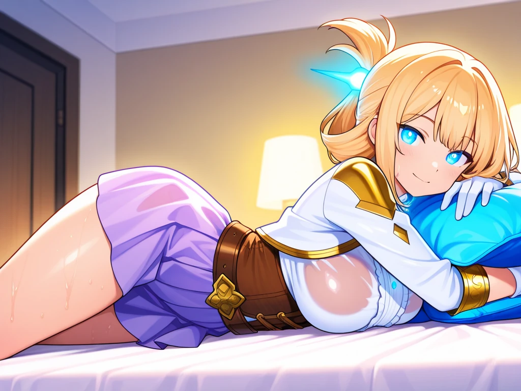 dark magician girl, mksks style, (Highly detailed background:1.0), (Highly detailed background:1.0), masterpiece, highest quality, (One girl), alone, (forest), Long Hair, Blonde, Blue hat, Wizard Hat, Casting a Spell, nature, wood:1.2, Motion Blur, magic, (moonlight:1.2), chromatic aberration, Depth of written boundary, Soft lighting, Highly detailed face, Highly detailed eyes ,((highest quality)), ((masterpiece)), ((Perfect Face))、((the skirt is rolled up))、((Take off your panties))、orgasm、Flushed face、Sweaty all over、Ahegao、Lying in bed、Close both eyes、Spread your legs wide、((Nipples))