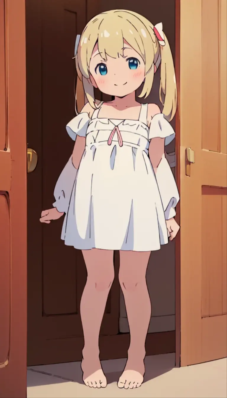 ((masterpiece))((Highest quality))girl、smile、blush、Flat Chest、Are thin、Blonde Hair、Leg-length hair、blush、Are standing、Whole body image、Even your toes are visible、Eye level on face、front、No background、真frontのアングル