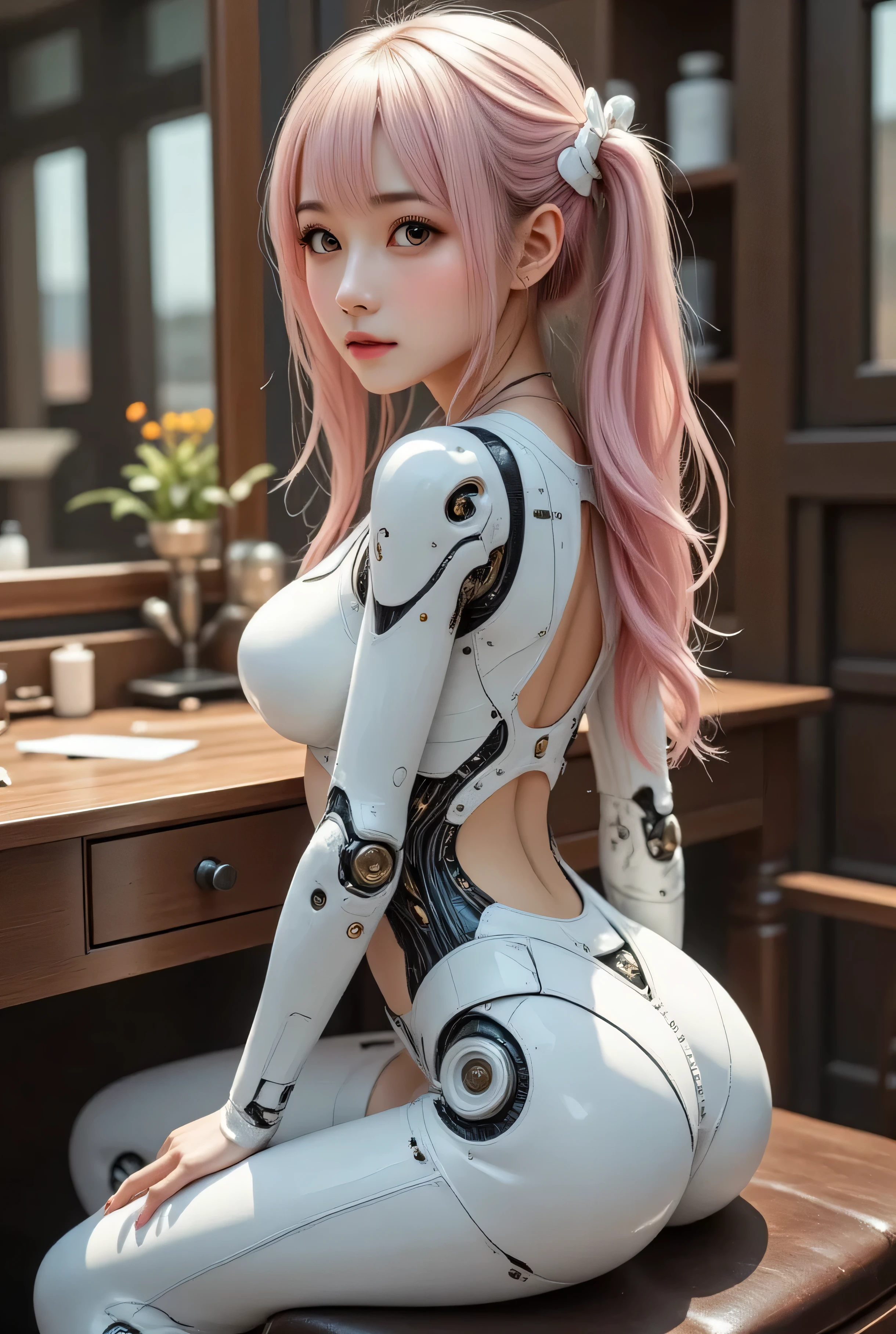 Female Cyborg , mid shot . realistic and detailed mechanical body , exposed wiring and metal joints , perfect anatomy, sitting in front of a dresser、The gesture of tying hair while raising both arms and showing armpits、Beautiful fingers, beautiful fingertips 、turning around、 Smile Yan、 Getting ready for a date、 cinematic lighting , shortage々 atmosphere , Alita : intense yet ephemeral aesthetics inspired by battle angels , photorealistic style , SF Environment . silver pink hair . PINK EYES . pottery skin . Mysterious as a Dream . Elegant and Realistic . 、