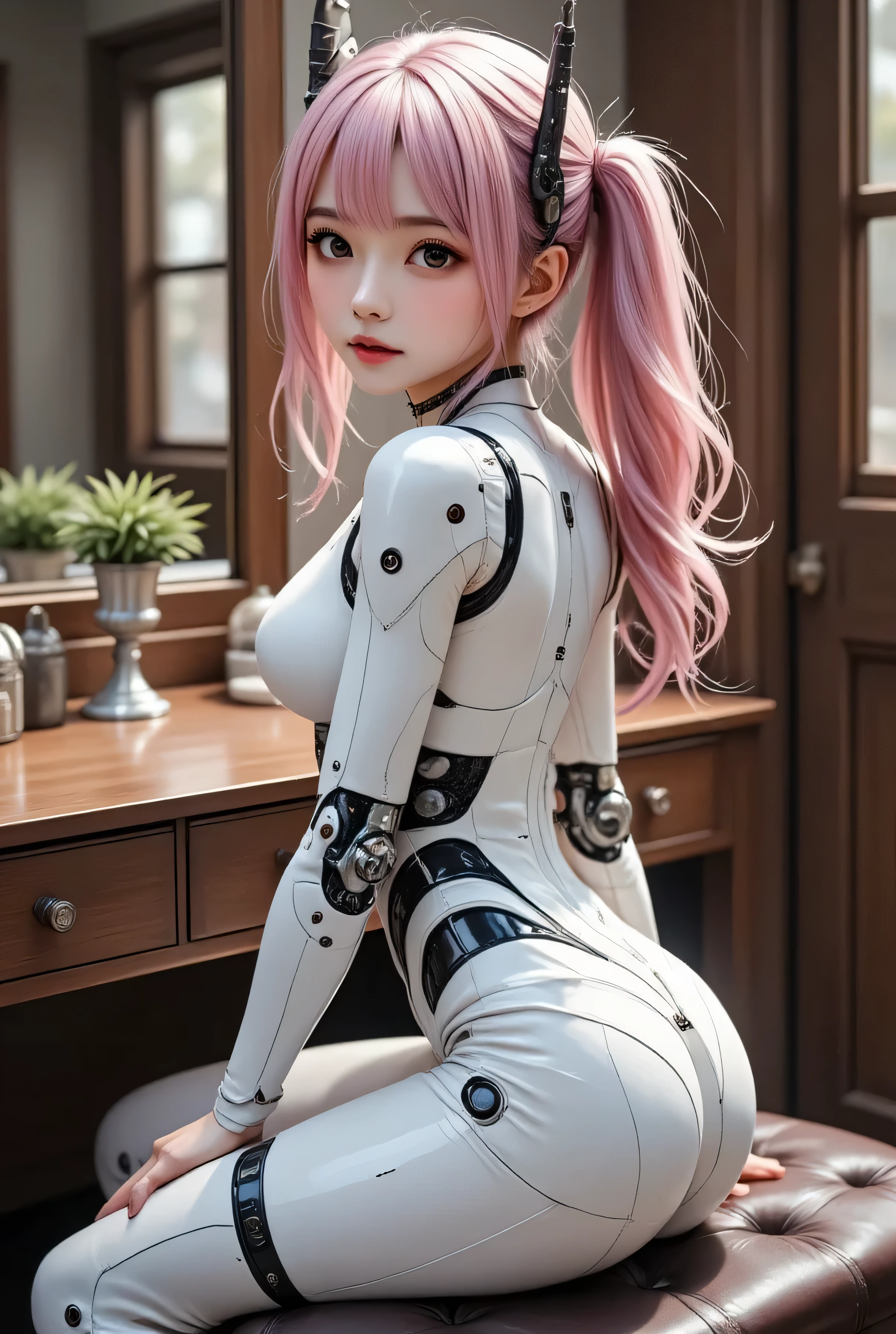 Female Cyborg , mid shot . realistic and detailed mechanical body , exposed wiring and metal joints , perfect anatomy, sitting in front of a dresser、The gesture of tying hair while raising both arms and showing armpits、Beautiful fingers, beautiful fingertips 、turning around、 Smile Yan、 Getting ready for a date、 cinematic lighting , shortage々 atmosphere , Alita : intense yet ephemeral aesthetics inspired by battle angels , photorealistic style , SF Environment . silver pink hair . PINK EYES . pottery skin . Mysterious as a Dream . Elegant and Realistic . 、