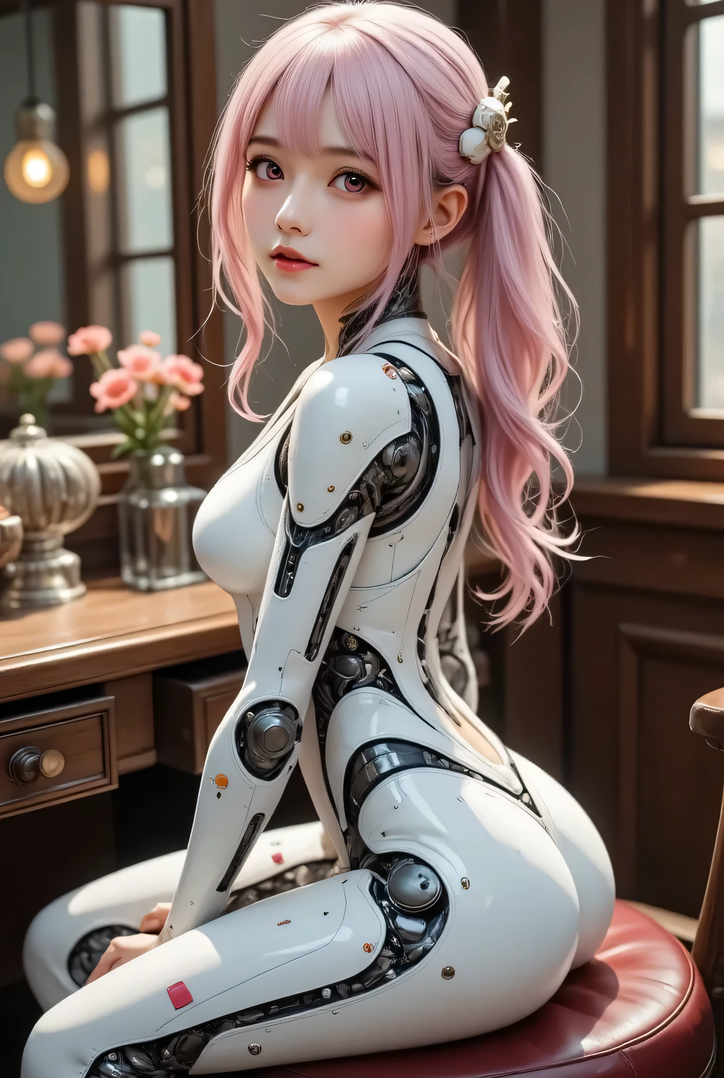 Female Cyborg , mid shot . realistic and detailed mechanical body , exposed wiring and metal joints , perfect anatomy, sitting in front of a dresser、The gesture of tying hair while raising both arms and showing armpits、Beautiful fingers, beautiful fingertips 、turning around、 Smile Yan、 Getting ready for a date、 cinematic lighting , shortage々 atmosphere , Alita : intense yet ephemeral aesthetics inspired by battle angels , photorealistic style , SF Environment . silver pink hair . PINK EYES . pottery skin . Mysterious as a Dream . Elegant and Realistic . 、