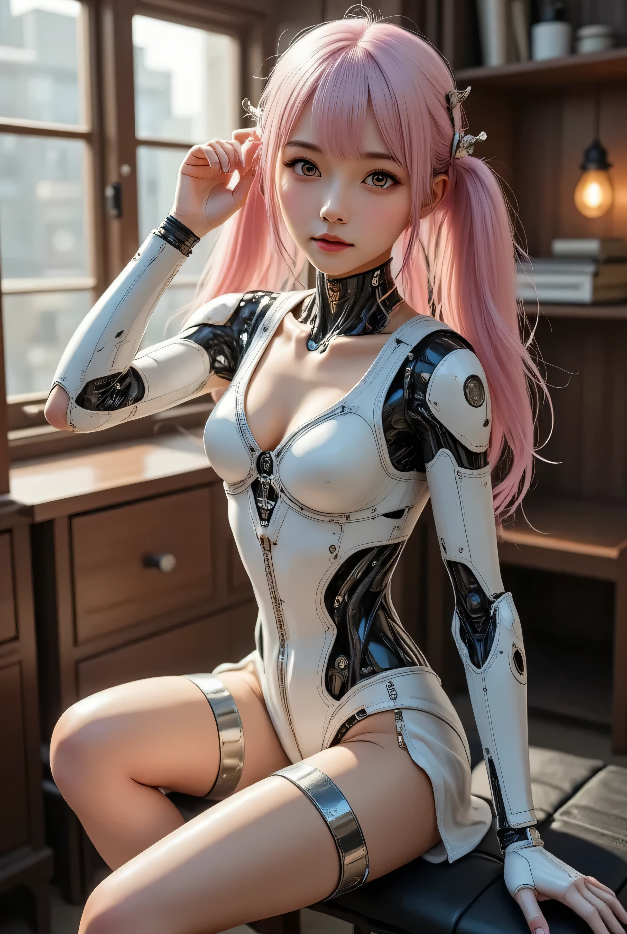 (Photorealsitic:1.4)、one girls、(top-quality)、(hyperdetailed face)、(Super well-formed face)、((Robot Parts))、(Robot Girl)、(Blue)、(pink there)、(Burgundy)、(metalic)、(full bodyesbian)、(sexy pose)、(Slender body)、(Model body type)、(full body mech)、(mecha exposure)、(akihabara)、(is looking at the camera)、(A dark-haired)、(Well-proportioned girl)、(a small face)、(Idol)、(front facing)、(Sit on a chair with your crotch open)、(Banzai pose with open arms)、(Photo session)、(Looks sad)、(Robot girl in pale pink satin dress)、(sleeve less)、(a miniskirt)