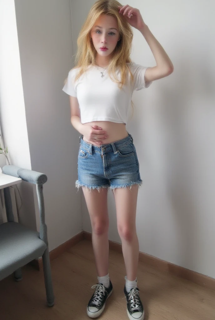 araffed woman taking a selfie in a mirror in a room, White top, 2 4 old female model, is wearing a shorts, Casual clothes, The upper part of the body, wearing white camisole, Sexy look, wearing white clothes, dressed in a top and shorts, wearing casual cloths, wearing a cute top, wearing white v - neck top, half-body photo
