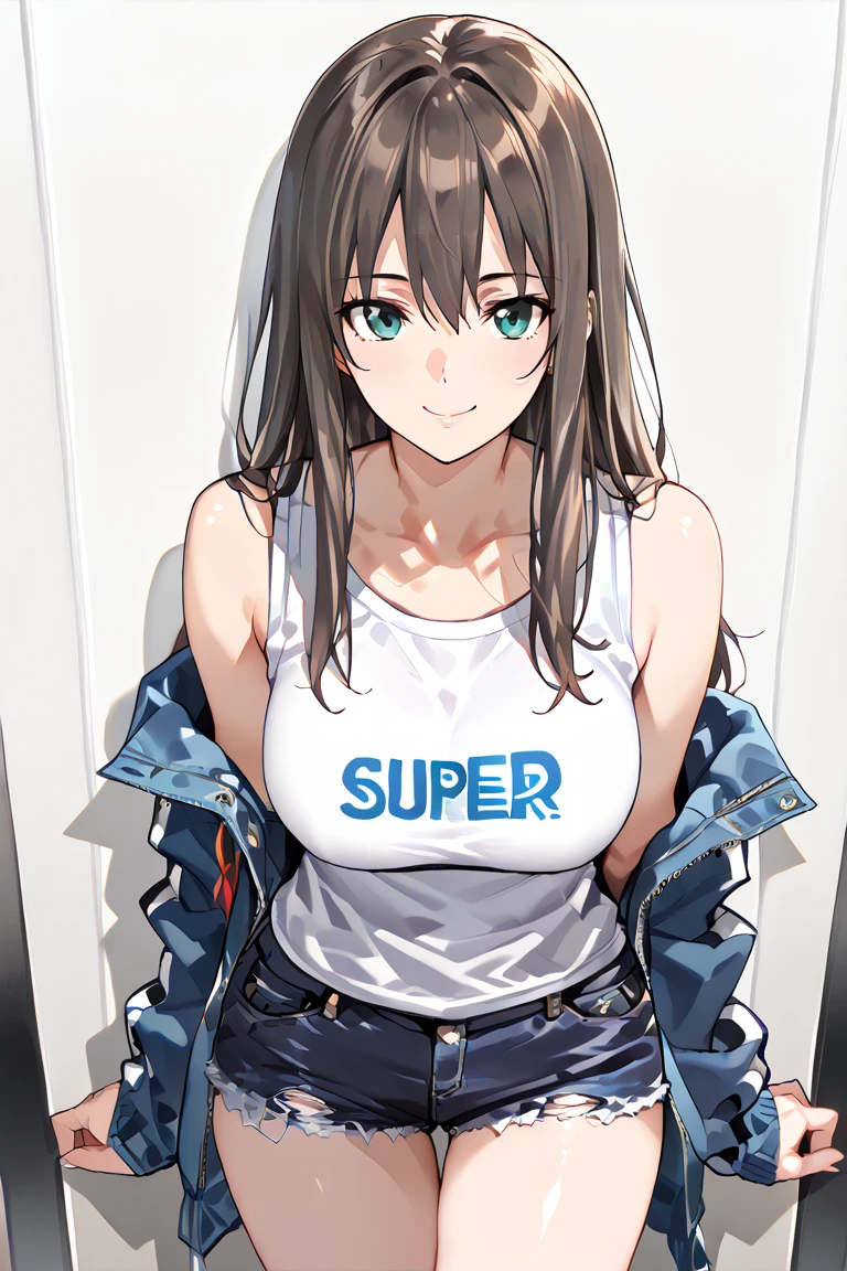 ((Highest quality)), ((masterpiece)), Anime Style、Perfect Face, 1girl, Large Breasts、He is wearing a T-shirt with the VNL logo.、cowboy shot、smile、
