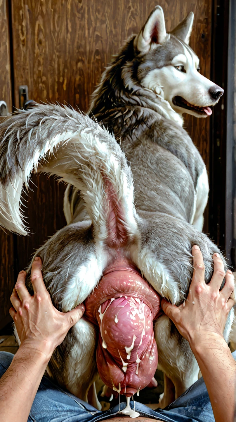 ((((realistic, photorealistic, photo, photography, 8k uhd, ultra-detailed, feral, standing on all fours)))), hyper realistic, terrordog, feral, thick thighs, realistic, detailed background, dark skin monster, claws, (short tail:0.8), (((((duo, faceless human, standing on all fours, in pain, Teats, lactation, paws, butt shot, close up, anal fisting)))))