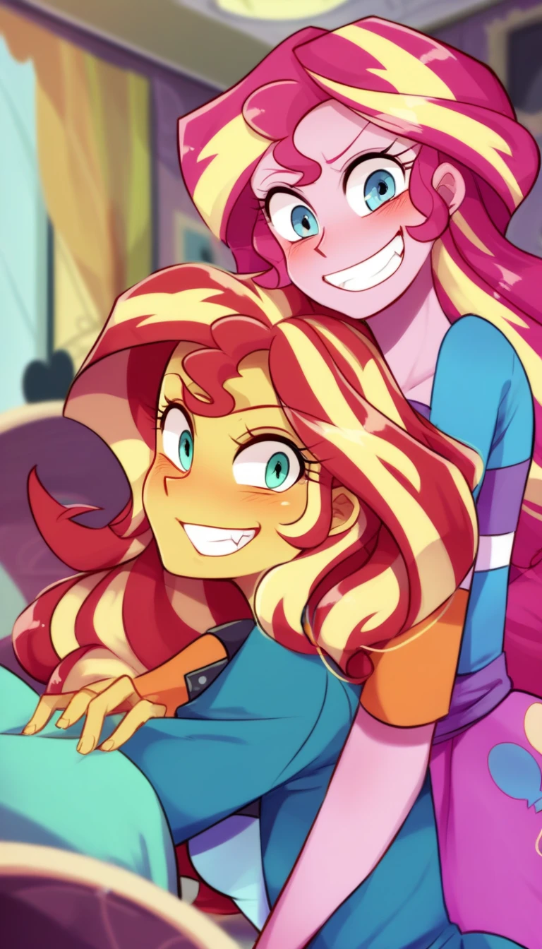 questionable, big penis, nipples, smiling, starlight glimmer, butt, stick her ass out, sunset shimmer, equestria girls, bedroom eyes, blushing, bra, bunset shimmer, duo focus, maid, erect_nipples, erection, female, glimmer glutes, indoors, looking at you, male, male pov, offscreen character, offscreen male, open mouth, open smile, panties, huge bulge in pants, male pov, smiling, thighs, underwear, vector
