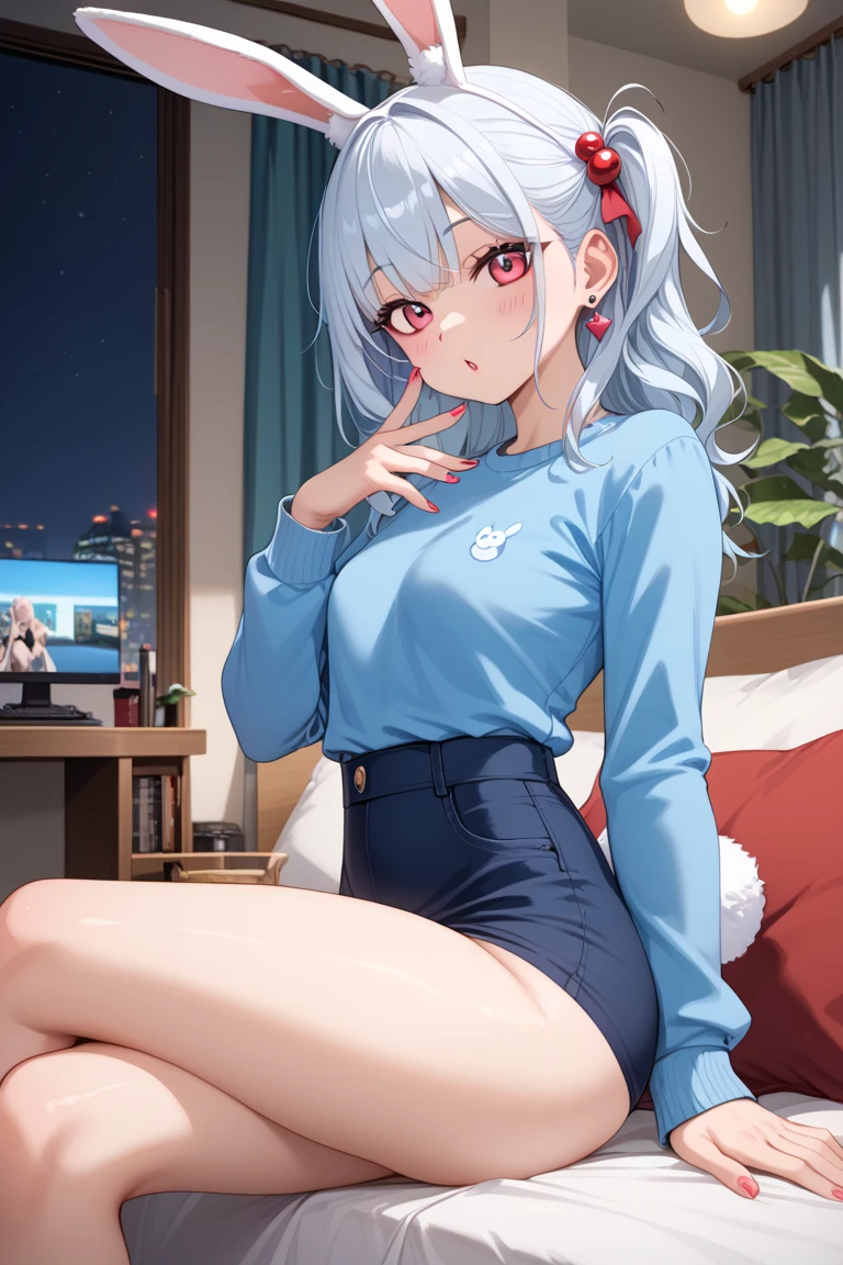 Silvery hair，sitting on top a table，Wearing white transparent underwear，teens girl，Open legs，Hold your hands together，Top  Quality