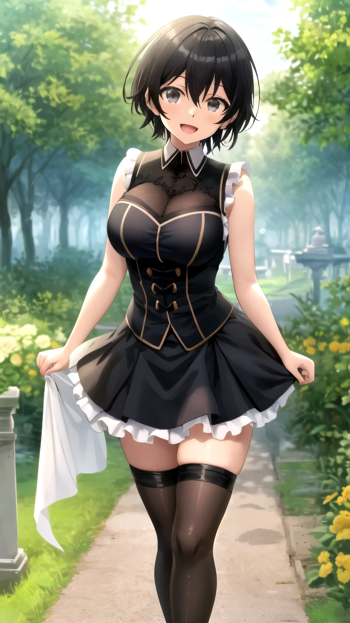 22 years old, (milf:1.0), cute breast, beautiful breasts,black suspenders,(Bulging ,small breasts:1.3),(long Black miniskirt:1.3),garters,Gaze,Small face,bangss,holster,gun Belt Armament holder,Beautuful Women, thin waist, big ass:1.0, Raised sexy, (dark bronde mediumlong hair,side ponytail,hair between eyes,bangs, dark blue eyes, light smile, Revimpling fabric, earrings, Hand gloves, detailed face,detailed and beautiful eyes,beautiful detailed lips,(ultra high resolution, 8K RAW photo, photo realistics, thin outline:1.3, clear focus), best qualtiy, natural lighting, textile shading, field depth (Bright pupils, fine detailed beautiful eyes with highlight:1.3, high detailed face), Red lip, fine realistic skins:1.1, looking down viewers:1.3, (dynamic angle:1.3, front view:0.8, breast focus:1.3, from below:1.2), (dynamic posing:1.5, sexy posing:1.2, leaning forward),Youghal, side lock, hair ornaments, hair band,nice,garden background,artistic rendering,Super detailed,(highest quality,(with sparkling eyes and a contagious smile),her thin pubic hair, looking at viewer,
