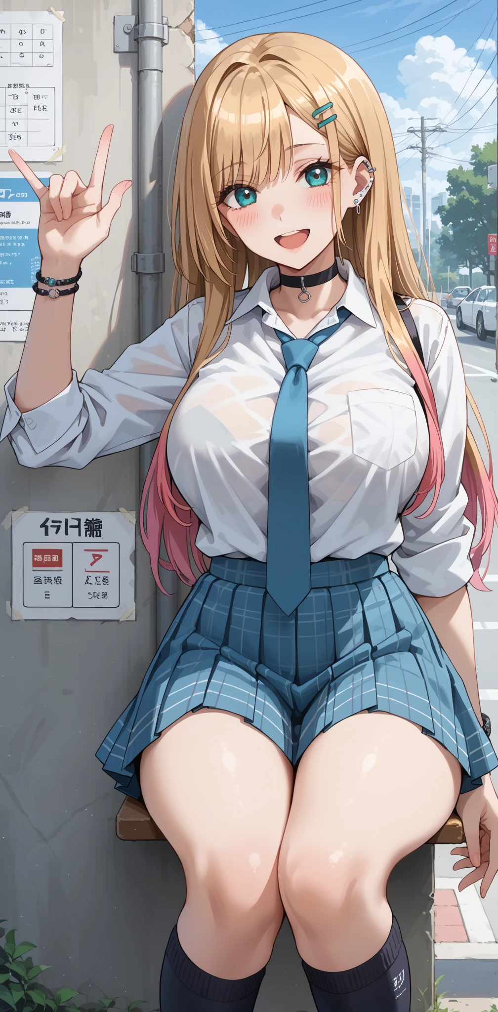 masterpiece, highest quality, High resolution, kitagawa marin sb, 1 girl, Blonde, Long Hair, Colorful Hair, Red eyes, jewelry, Earrings, Earrings, , White shirt, tide shirt, black choker, Blue tie, Checked skirt, (whole body), (squat:1.3), lace black panties,(Showing panties:1.3), (Panty shot:1.3), ((Open front shirt)), (I can see your bra:1.3), Cleavage, (The wind is blowing my skirt away:1.3), Outdoor, shopping