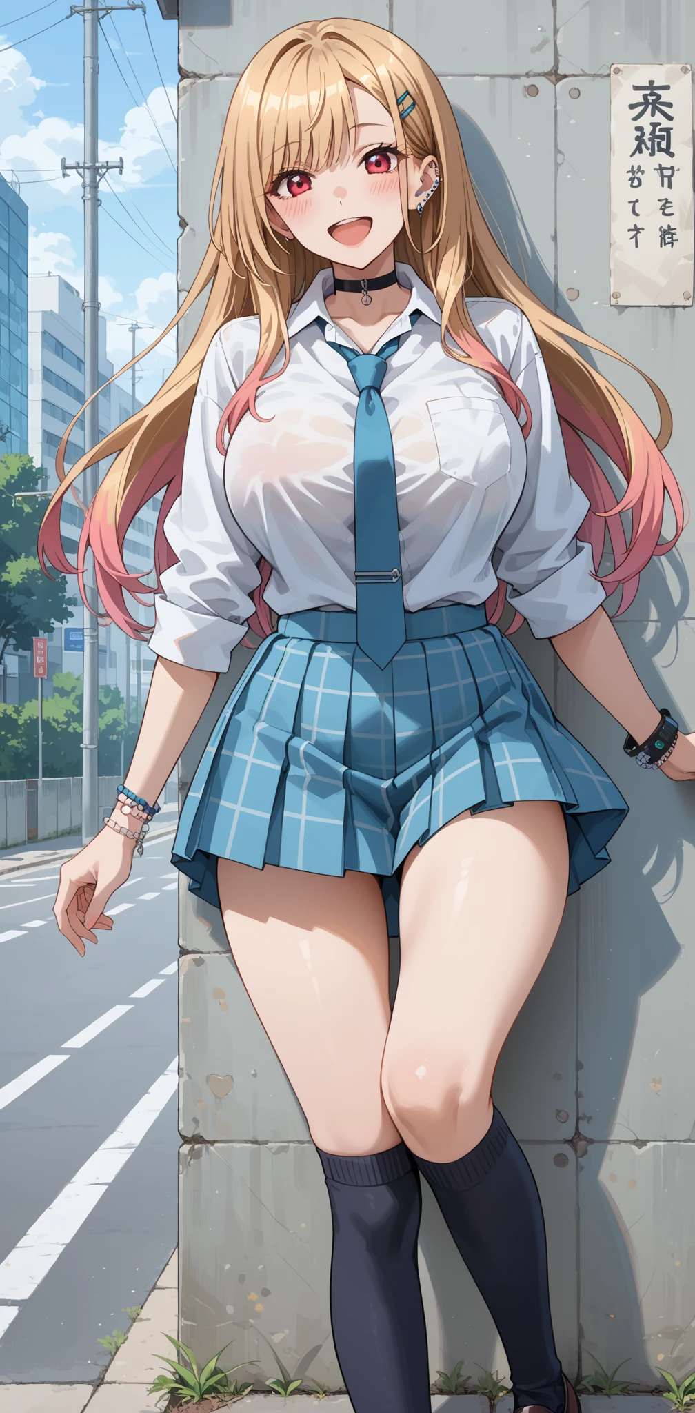 extremely detailed CG unity 8k wallpaper, best quality, ultra-detailed, masterpiece, realistic, photo realistic, extremely detailed cute girl, 20years old, (((skirt lift by myself))), (lifted by self), panties , panties focus, blush, parted lips, looking at viewer , half body shot , (crowd), (crowded parking lot) , hair over one eye