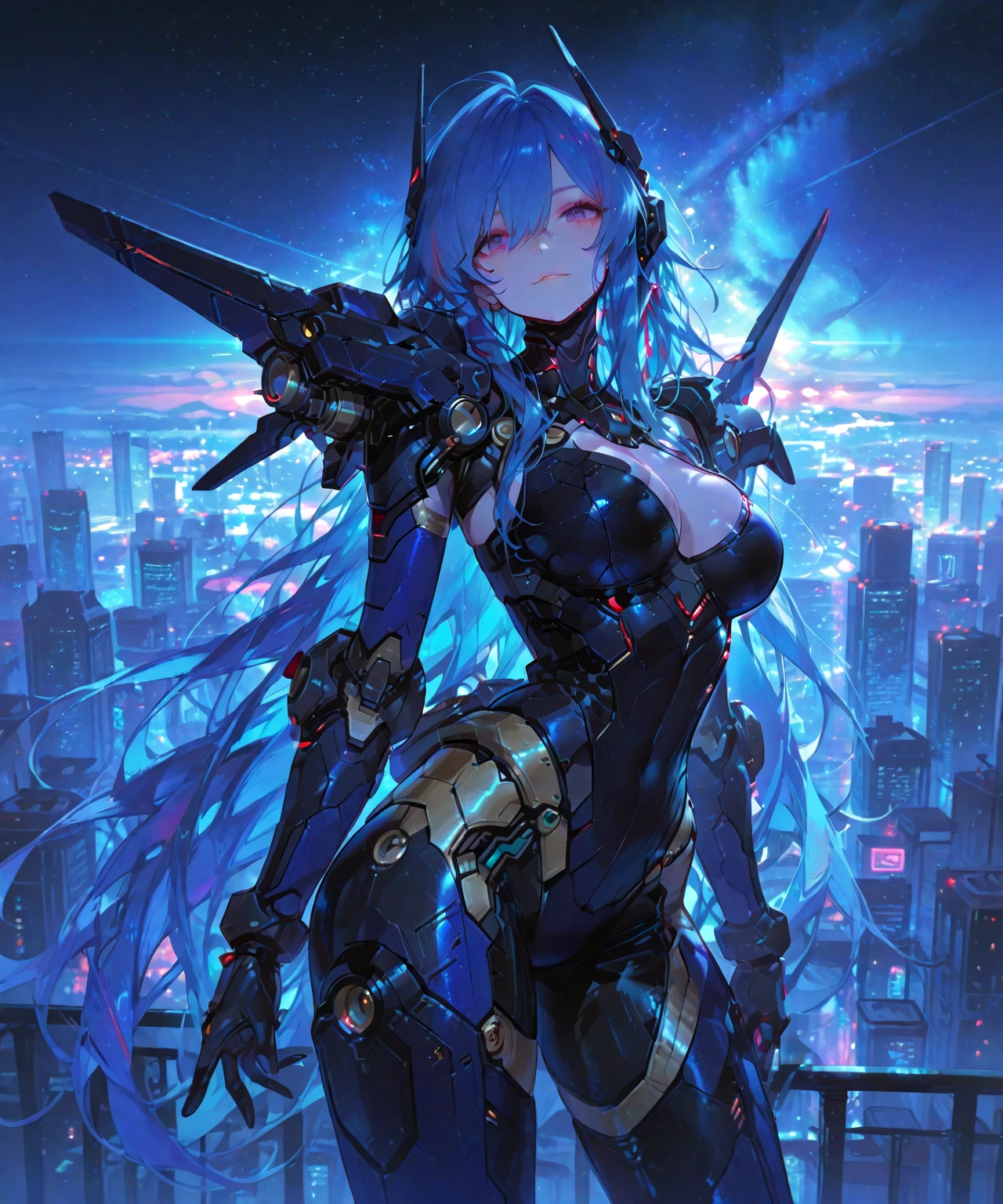 The most beautiful and sexy mecha warrior girl, blue hair, yellow eyes, wearing a highly detailed futuristic hooded mecha battle armor, mechanical angel wings, huge enormously gigantic tits, cleavage showing, tons of tattoos and piercings, in hyper futuristic city metropolis, cherry blossoms blowing in the wind, highly detailed background, absurdres, highres, ultra detailed, (cute illustration:1.5), (cute,kawaii,sweet:1.2),
(1girl:1.4), bodysuit, cyborg girl,
hyper gigantic mechanical hands,dynamic pose, looking back at the camera
nice hands, perfect hands, incredibly cinematic, best quality, best resolution