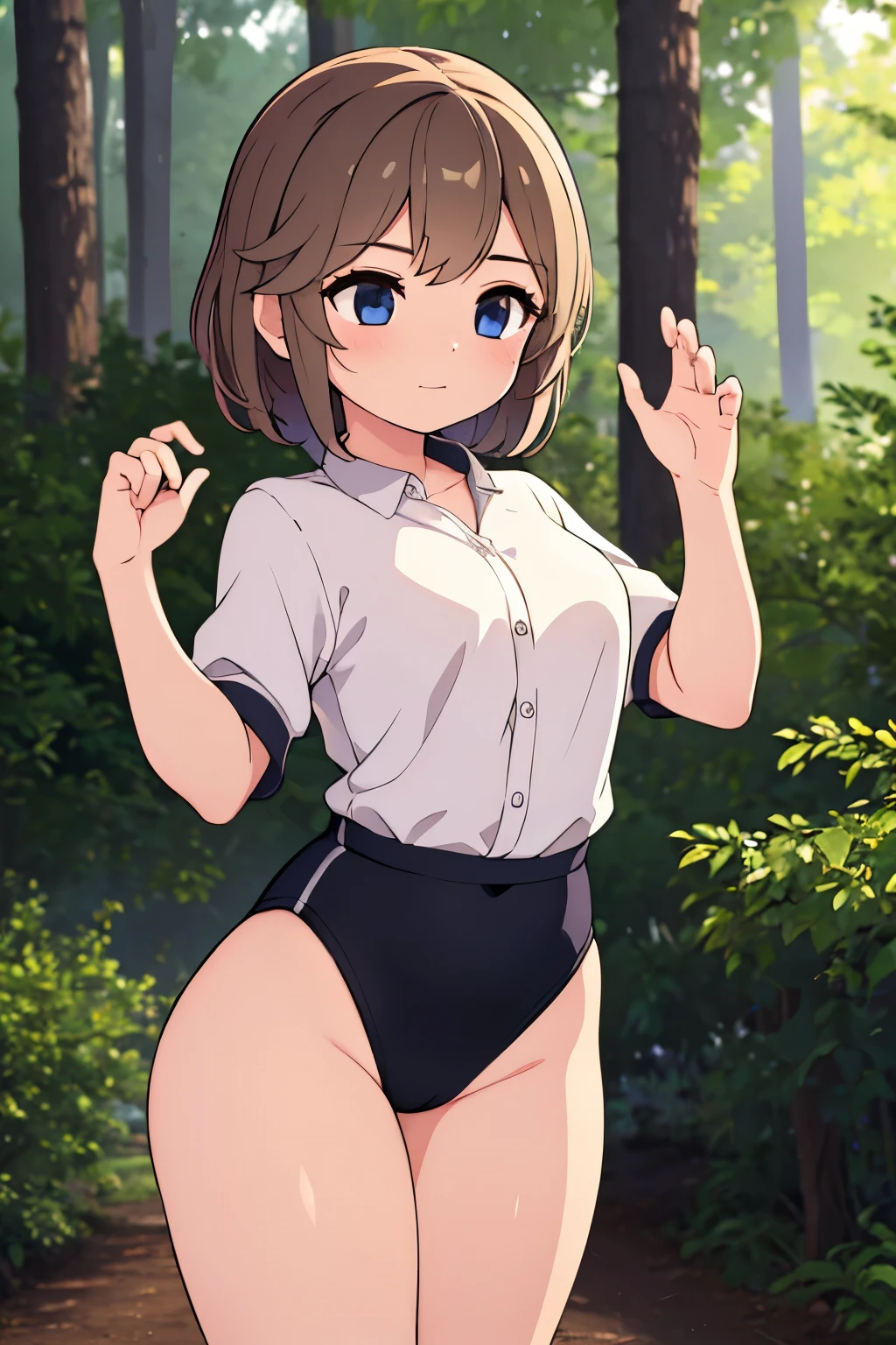 (masterpiece, highest quality), 1 girl, beautiful face, beautiful body, wearing a Black gymnastics bloomers, High leg、white blouse, cowboy re standing、full body portrait、alone, complex details, enlarged textures, complex details, finely detailed eyes and detailed face, intricate details, (closed mouth), perfect eyes, equal eyes, perfect body, extremely detailed, (), extremely realistic 3d,In a dark forest、have to pee,peeing myself,hand between legs,