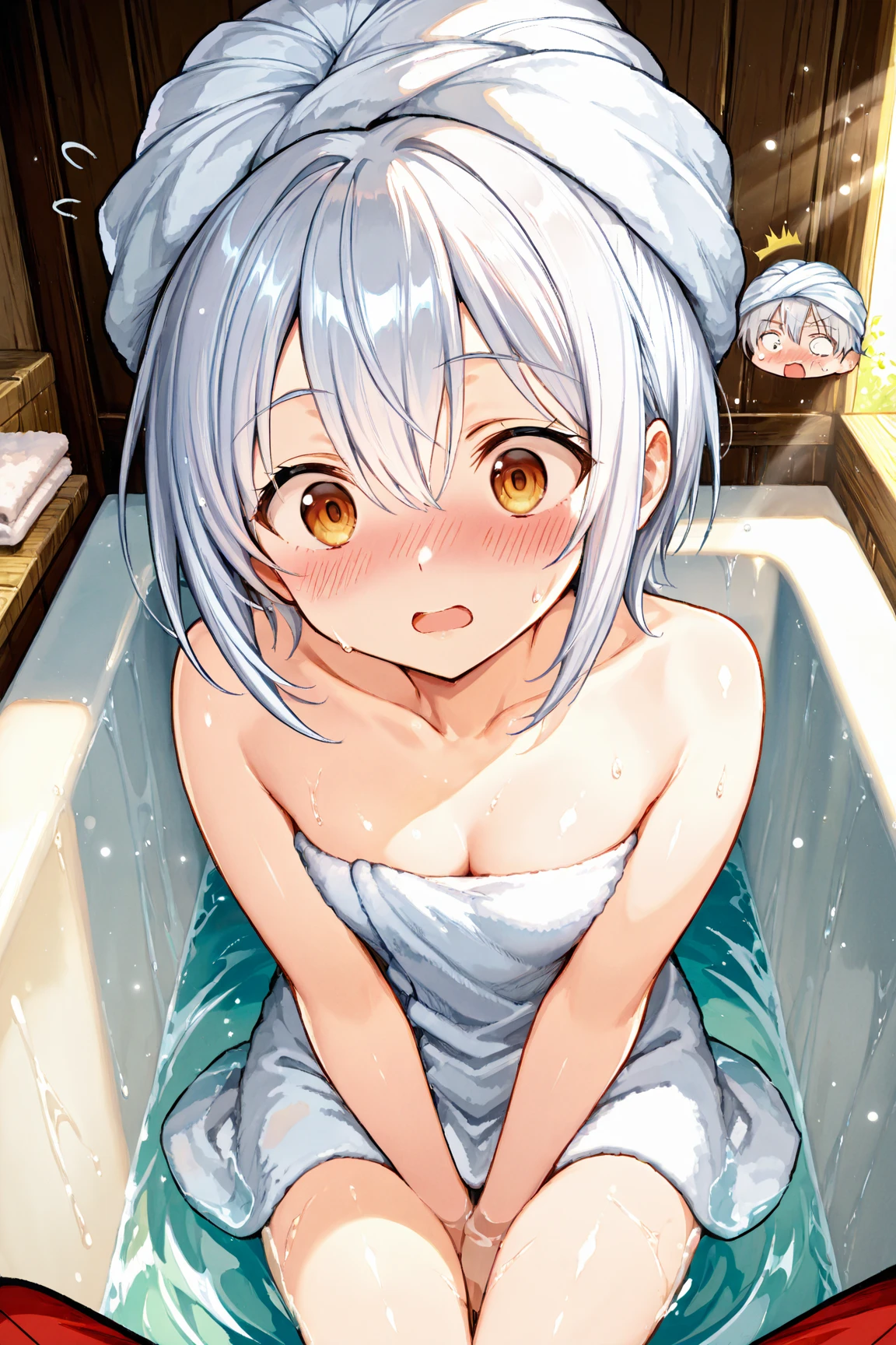 One、Wearing no clothing、Soaking in a bath filled with condensed milk、White Hair、blue eyes、Standard Bust Size、Eyes are dead、Feeling embarrassed、Are crying、Nipples、Pussy、A large amount of condensed milk is poured over the body、Condensed milk on my hair、condensed milk on the face