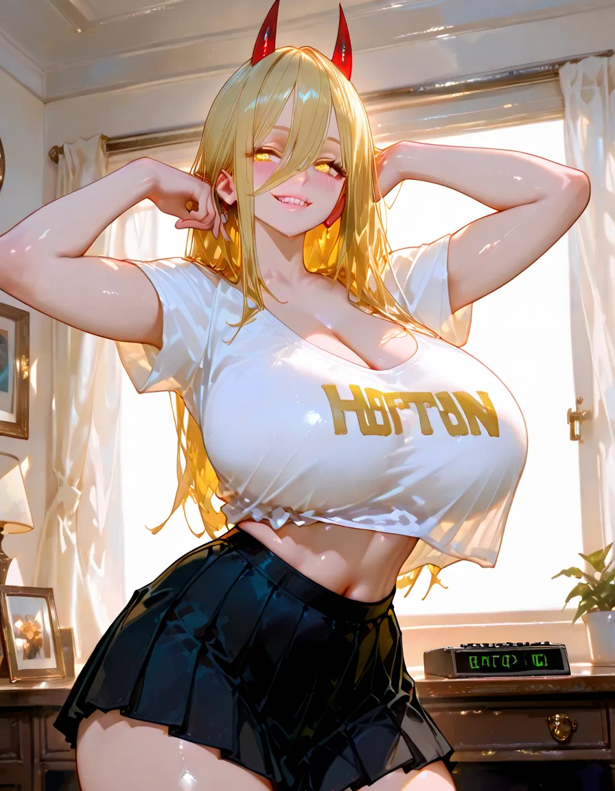 {masterpiece, distinct_image, extremely detailed CG, beautiful eyes and detailed face,realistic, photo realistic, 4k, 8k, high_resolution,perfect_finger, (beautiful_detailed_eyes:1.3), glitter, white_light, (glow_white_face, front_light:1.3), summer_light{1girl, face_focus,cowboy_shot, looking for_in_viewer, standing, (piece sign pose:1.6) },{adult, curvy, (huge_breasts, wide_hip:1.3), navel, skinny_stomach,tight_gap, groin, (white_short_sleeve_Cropped_top_button_shirt, tied_the_ends_of_the_shirt, short_blue_tennis_skirt, cleavage, {hidden yellow_leopard print bra in a white shirt:1.8}, (tanning_skin, black_skin:1.6), pink_nails, gold earrings, black neck choke, white collar, golden bracelet :1.5),(yellow_hair, pink_eyes, long_hair, slanted_eyes, bangs:1.4), (smiling face:1.3), sweat, white background}