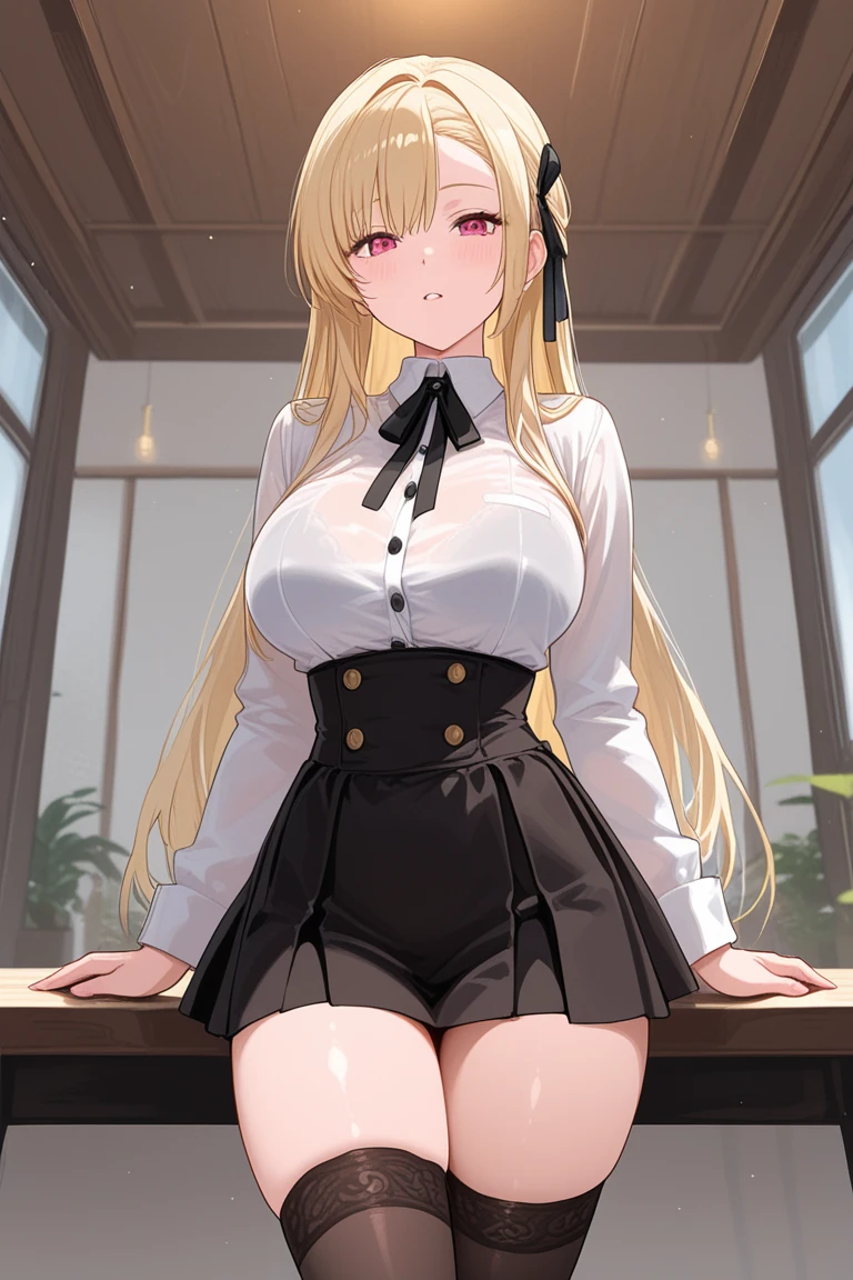 1girl in, thighs thighs thighs thighs,Solo, Thigh boots, White shirt, Black skirt, Black footwear, (((masutepiece,High resolution,Best Quality))), Solo, bent over, on table, Blonde hair, Looking at Viewer, Open mouth, Solo, blush, Wet clothes, heart mark, Wet, (beret :1.8), Short hair, (iwanagakotoko:0.9), pervert, Ass, from behind, fullllbody, Beautiful ass, Beautiful thighs, Hands-on table, School, crass room, desk work, (no panty, ), (Crisp cracks, Exposed)