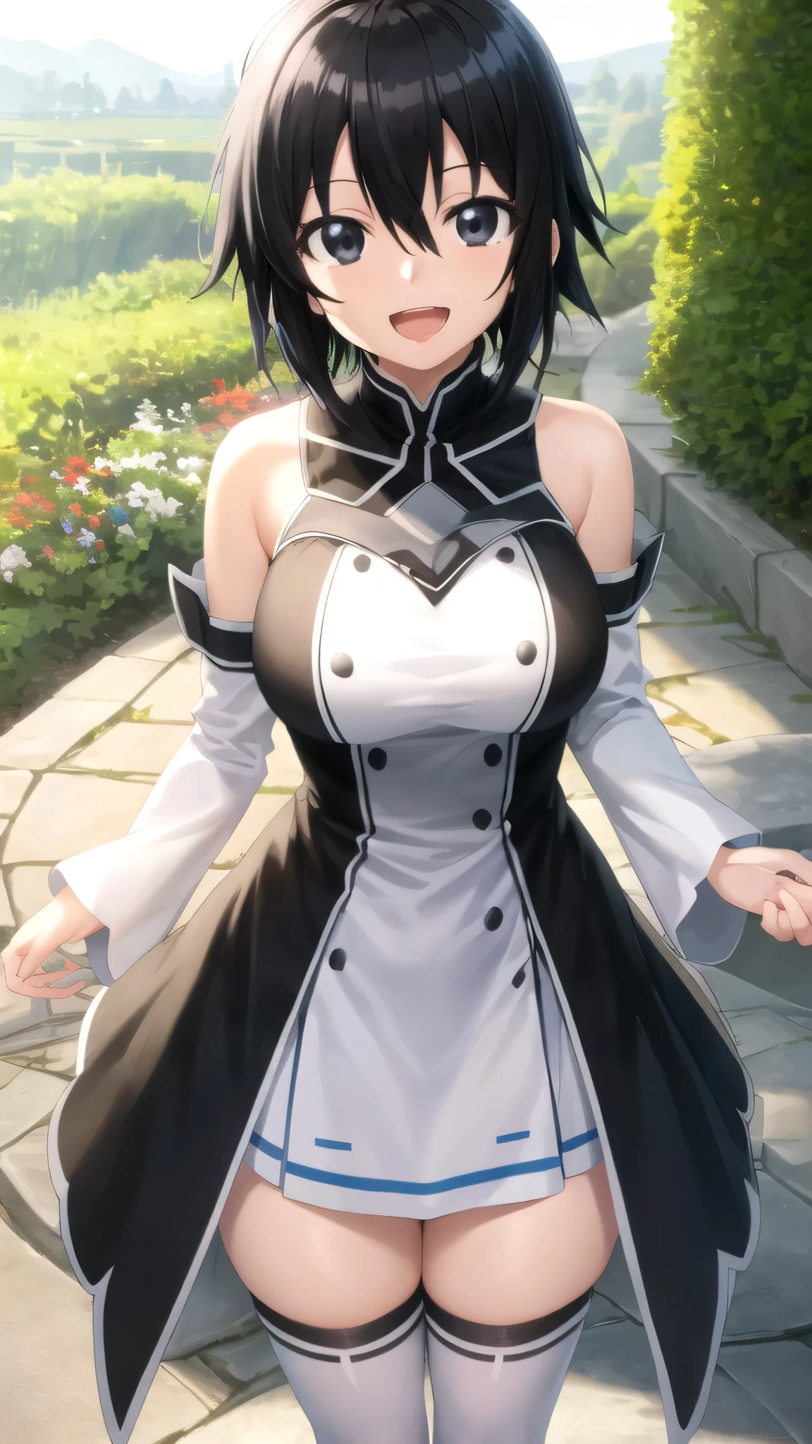 Masterpiece, Best Quality, girl, looking at viewer, Kazuto Kirigaya, Black hair, short hair, hair Between eyes, Black Eyes, large breasts, white dress, detached sleeves, blue thighhighs, standing, smile, open mouth, outdoors