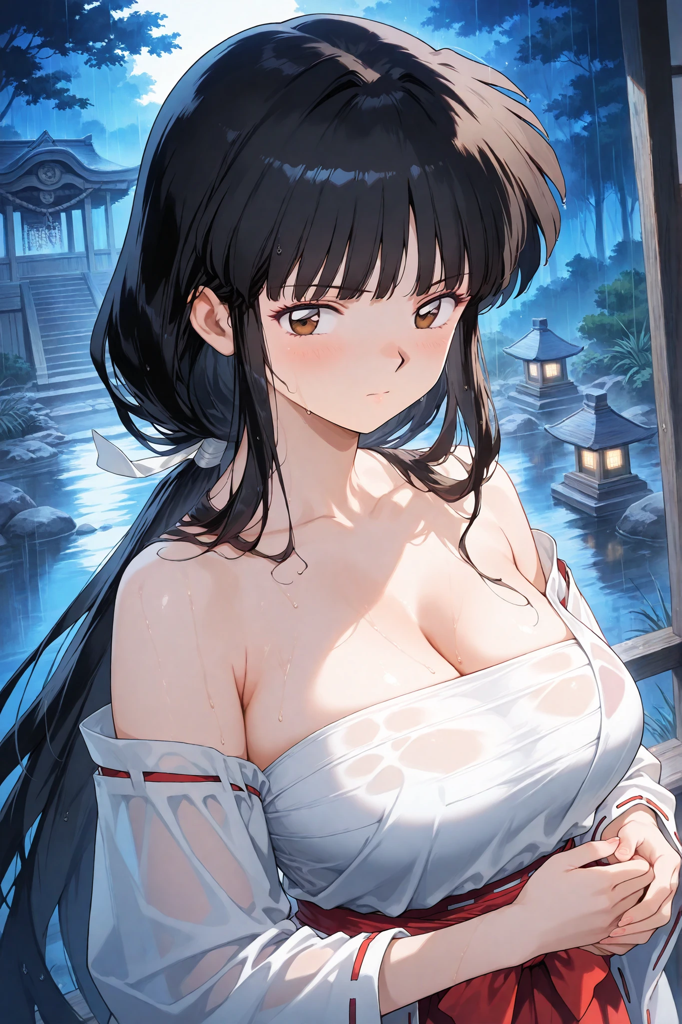 Masterpiece, detailed anime poster, Cute demon-girl, (((wide smile, with extremely detailed sharp shark-teeth in her mouth))), 1girl,solo,huge breasts, ghost costume , (hitodama) ,night, tombstone, graveyard,,, long sleeves, very long sleeves, , ghost, pale skin,, off shoulder, cleavage, no bra, extremely long white hair, sitting on tombstone, bare legs, shredded tattered clothes, curvy wide hips, massive breasts, chubby thighs, beautiful pink anime eyes, japanese temple,