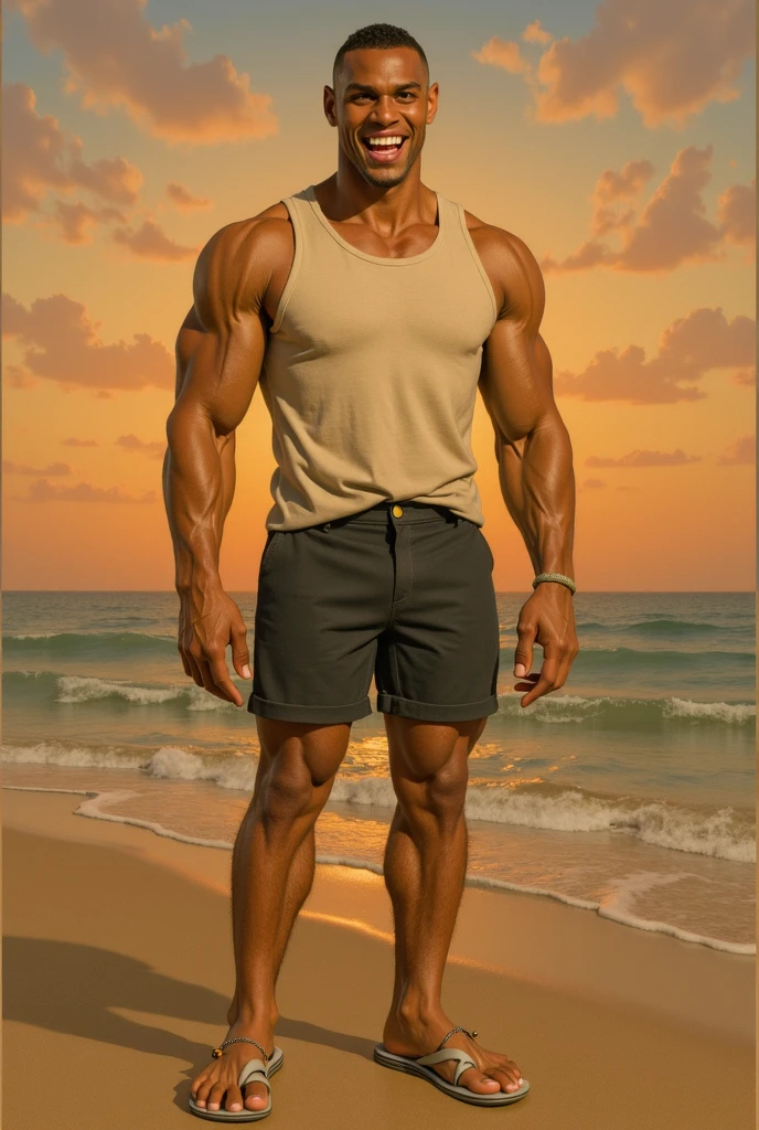 The character is a young man in his early 20s, with an athletic and well-defined physique. His skin is slightly tanned, suggesting time spent in the sun. His face features sharp and attractive lines, with a strong jawline and high cheekbones. His hair is short, slightly tousled, and dark brown, glinting under the sunlight. His eyes are a deep brown, expressive and full of life. His expression is relaxed and friendly, with a warm smile that exudes confidence and charm.

Clothing:

The boy is wearing a pair of swim trunks in a solid color like deep blue or olive green. The trunks are well-fitted, highlighting his muscular build, particularly his legs and abdomen. The material of the trunks appears lightweight and quick-drying, with a slightly rough texture. He is not wearing any other clothing, which emphasizes his defined torso.

Pose and Background:

He stands in a relaxed pose, with one hand on his hip and the other resting by his side. His posture conveys confidence and ease in his surroundings. The background is a realistic beach scene, with golden sand under his bare feet. Behind him stretches the ocean, with gentle waves lapping at the shore. The sky is a clear blue with a few scattered clouds, and the sun illuminates the entire scene, casting soft shadows across his body.

Style:

The style is realistic, with attention to detail in the texture of the skin, hair, and the reflections of light on his body. The colors are natural, with soft contrast that enhances the serene atmosphere of the scene. The overall image evokes a sense of peace and enjoyment of a sunny day at the beach.

This realistic description can be useful for visualizing a character in a beach or summer context, focused on a natural and detailed style. If you need further specifications or adjustments, feel free to ask!
