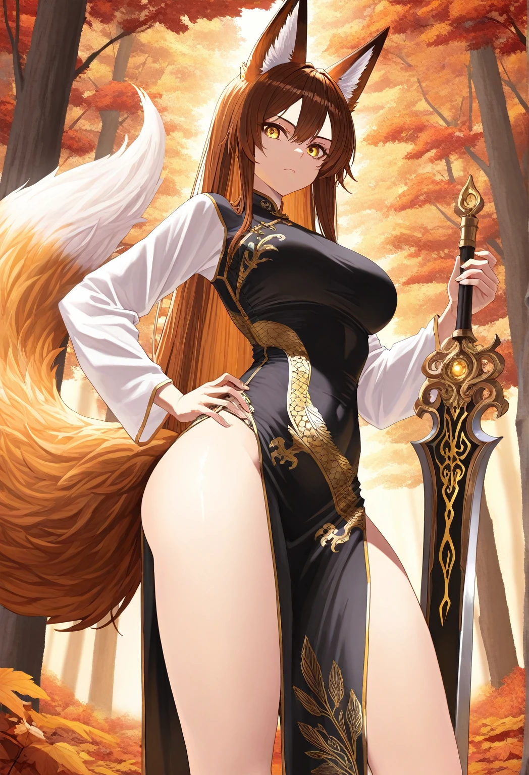 1girl, solo, house, ((masterpiece)), best quality, perfect face, (perfect anatomy), extremely detailed, kitsune, fox ears, fox tail, ringed eyes, side braid, long hair, hair ribbon, bikini armor, grabbing own breast, sword, own hands together, from back