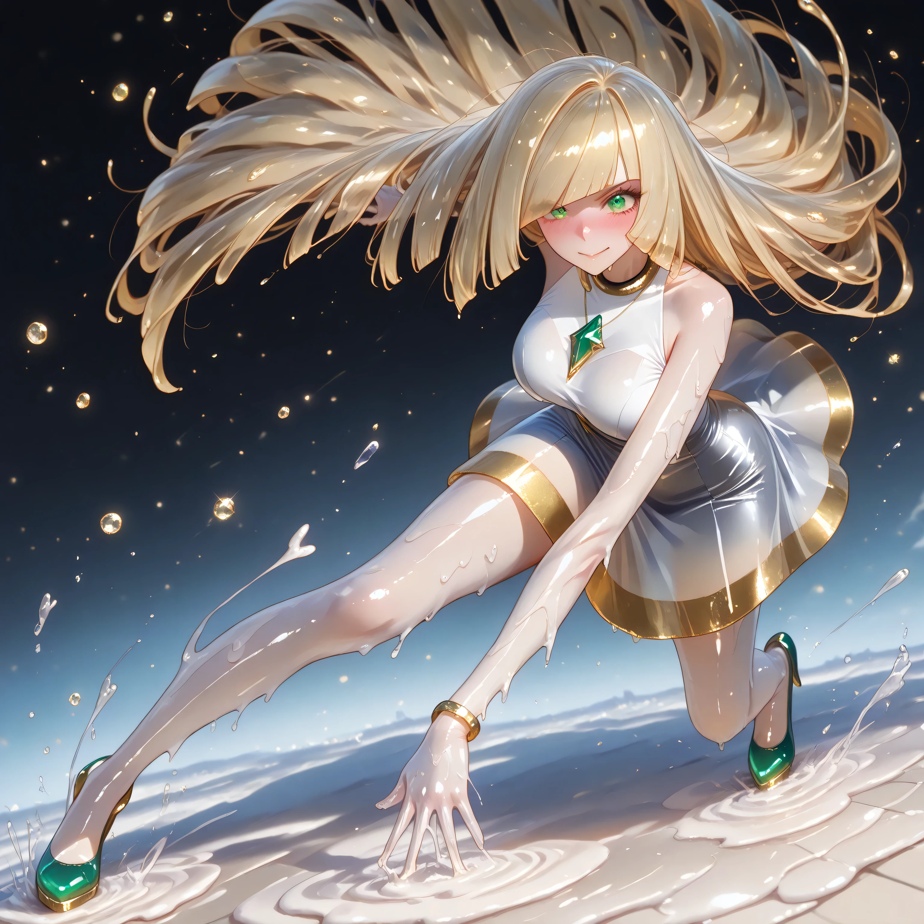 high transparency,transparent body,slime skin,detailed eyes,high definition eyes,translucent Lusamine adult slimegirl melt into a puddle completely:1.0, long eyelashes, green eyes, blushing intensely, gasping, very long blonde slime hair, hair covering one eye, messy hair, sleeveless white gradient slime dress, jewelry, gem, necklace, two-tone white slime leggins melting, slime high heels melting, clothes melting completely:1.0, orgasming:1.0, dynamic pose, photorealistic details, masterpiece, ultra-detailed, great angle, nice image composition, scenery, futuristic pokemon lab,