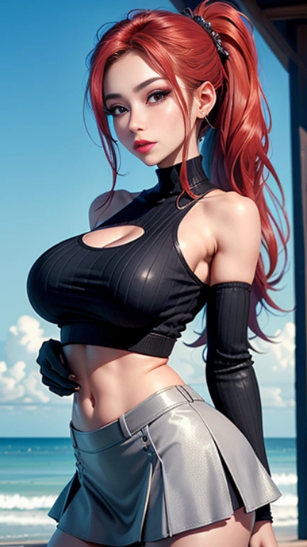 realistic, 1girl, gothic, fit abs, green eyes, red hair, 20 years old, huge chest, big hips, bright eyes, cropped top, skirt, lips half-open, blush, night, flowers, sun, sunlight, sexy look