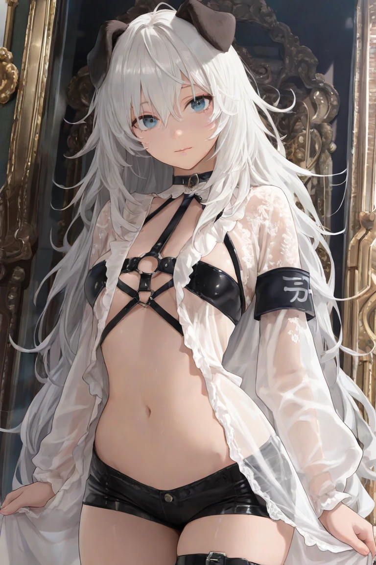 (Realistic:1.6),(High resolution:1.6),(alone, ),(Thin woman:1.2),(Beady Eyes),(Hollow Eyes),(Light green hair),(Cool Beauty:),(Slender body),(Show off your ribs),(experience an orgasm),(Preteen),(Small breasts),(Flat Chest),(Ahegao),(Ecstasy),(sexual excitement),(BDSM),(A dirty white dress that shows through her skin),(Harness),(constrained),(Hands tied),(Hanging by chains),(Restraint device),(Tied up with leather belts),(Tied up and unable to move),(masochism),(eroticism),(Both armpits are visible),(Hands behind head),(Sexually assaulted),(Paper Panties),(Paper Bra),A jar of bottles placed under the crotch