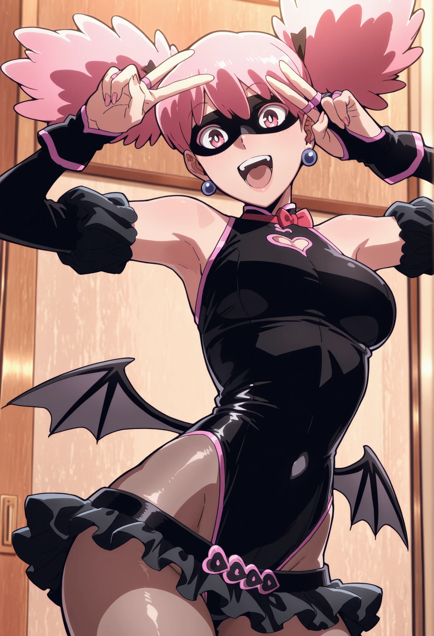 masterpiece, best quality, amazing quality, aesthetic, absurdres, best quality, Kazuho, 1girl, pink hair, solo, wings, earrings, jewelry, mask, twintails, leotard, skirt, pink eyes, bridal gauntlets, gloves, upscale, Stripclup, poledance, Sexy pose, foreshortening, v, open mouth, smile, Big Tits,