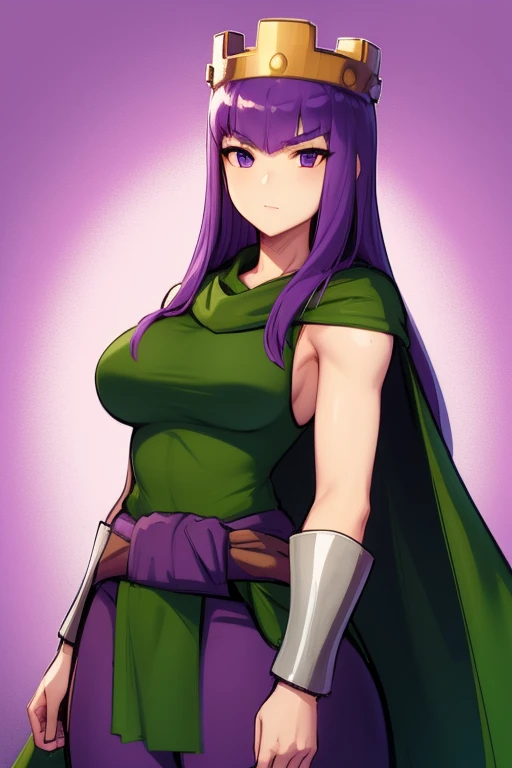 (best quality), (masterpiece), 1 girl, early 20's, huge heavy breasts, busty, perky breasts, thick, thick lips, wide hips, thin waist, archer queen, green outfit, purple waist sash, sleeveless, smug smile