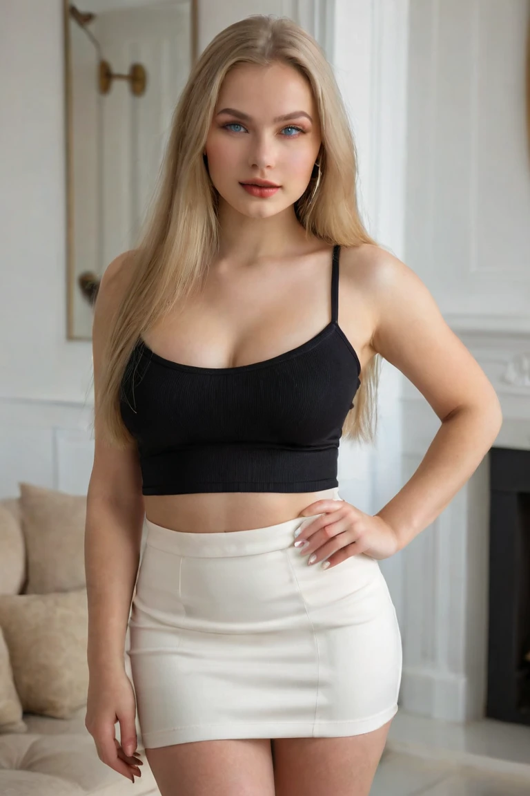 silver hair girl, fair glowing skin, blue eyes, perfect contrast, balance light, perfect body, full length body, wearing gold necklace and earring, soft lips, highest quality, 8k, close up, ultra detailed image, wearing loose white shirt and black shorts,short, fine hair, high heels, 27 years old, whip, whip, light black underwear, white skin, black garter stockings, light chestnut maxi skirt, overweight, thighs thighs, white pedicure