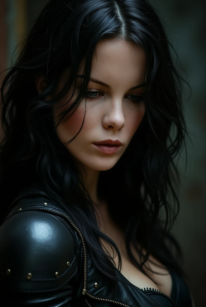 beautiful warrior with long black hair, Ela se parece com Yennefer de The Witcher, She wears a leather jacket , your face is stained with blood and freckles, His skin is white, and his expression is angry