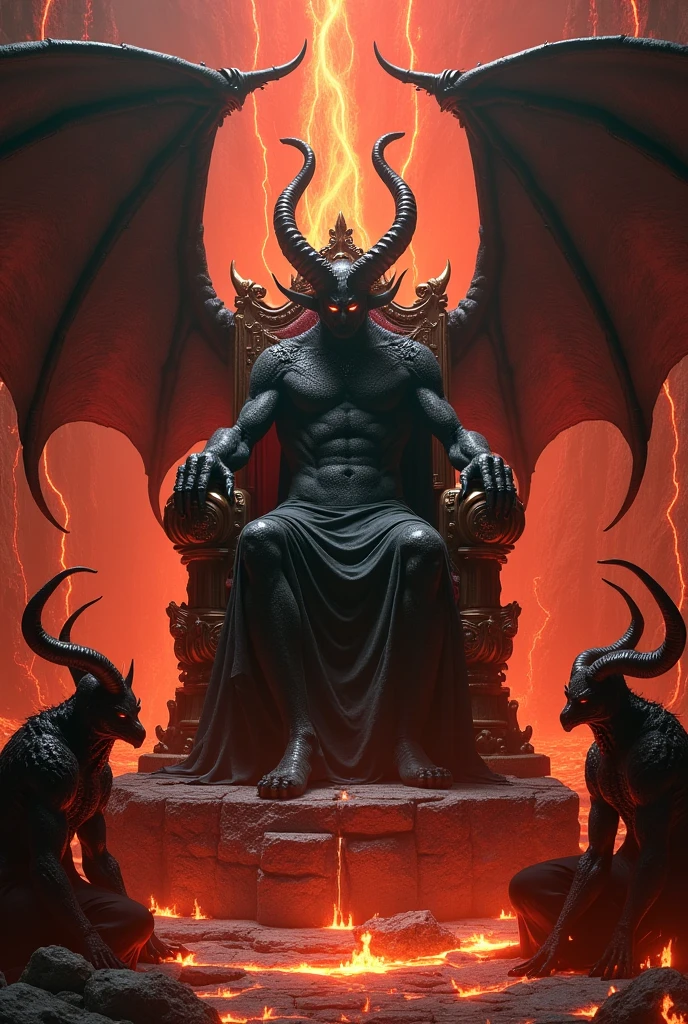 A Devil sit in the chair of king with crown and with big wings of Angle