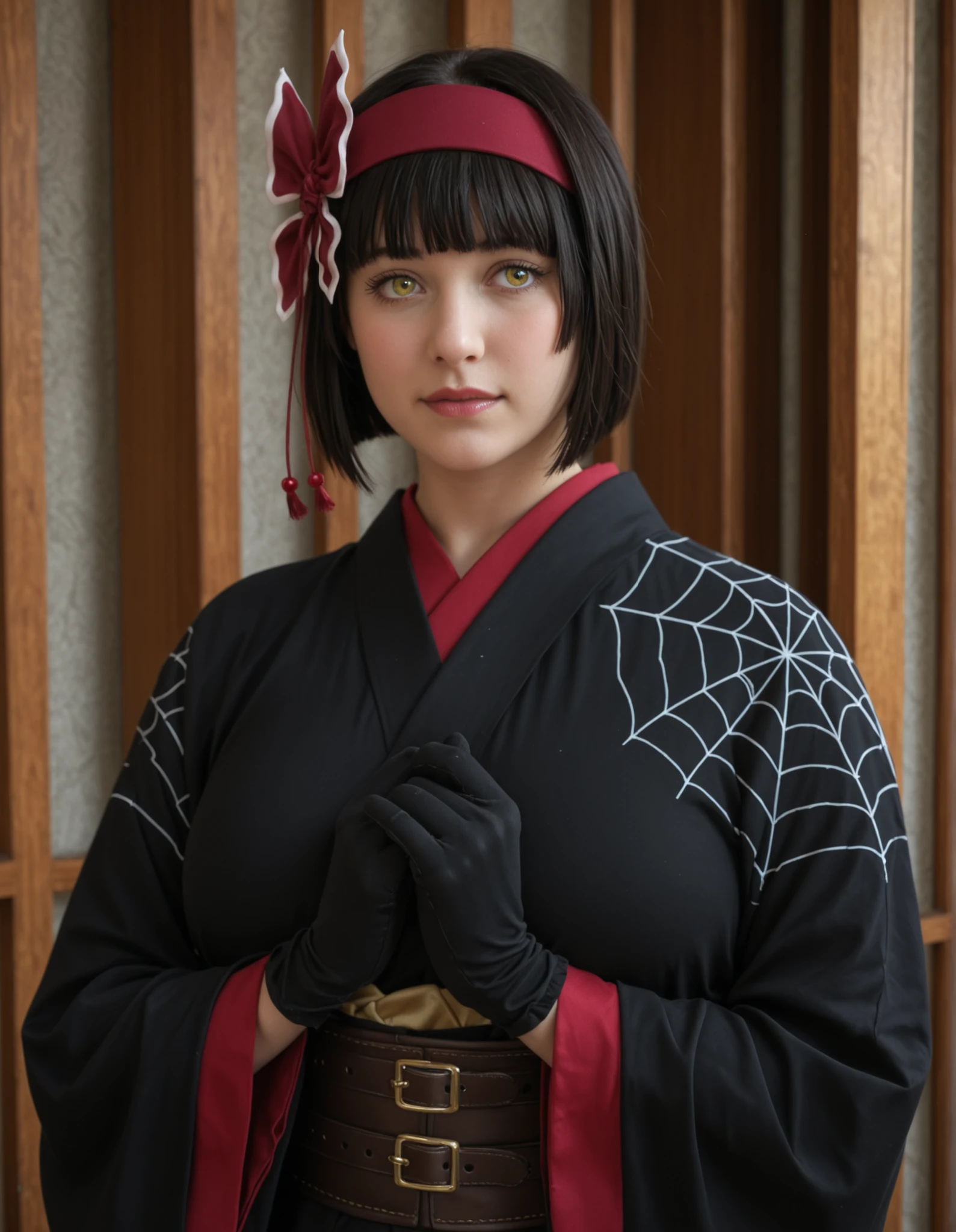 best_quality, absurdres, ultra-detailed, highly_aesthetic, 8K, UHD, highly_detailed_eyes, photorealistic, realistic, cosplay, masterpiece, perfect face, ultra detailed, best quality, finely detailed, beautiful lighting, highres, 8k wallpaper, cinematic lighting, highly detailed eyes, dynamic angle, stunning composition, realistic skin, , expressive eyes, perfect face, (huge breasts,large breasts:1.2), black gloves, bow, kimono, japanese clothes, yellow eyes, bangs, bob cut, blunt bangs, short hair, black hair, mio-mlf, hair ornament, super beauty face, (huge breasts,large breasts:1.1), village, japanese architecture, spider web, waist, (full body view:1.2), cosplay, looking at viewer,