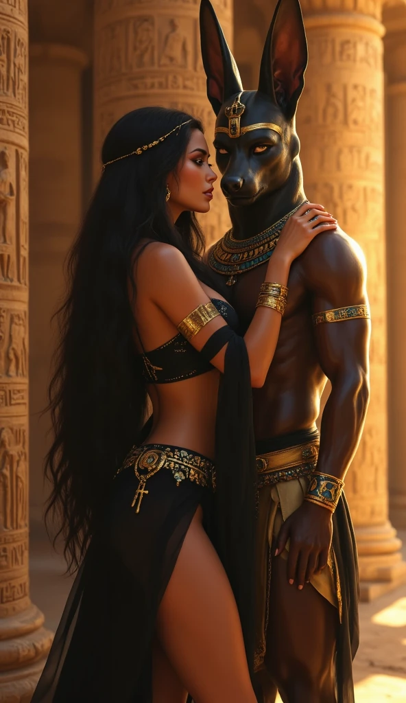 Beautiful black woman slave in bikini with dog collar licking the dirt covered feet of a handsome black pharaoh 