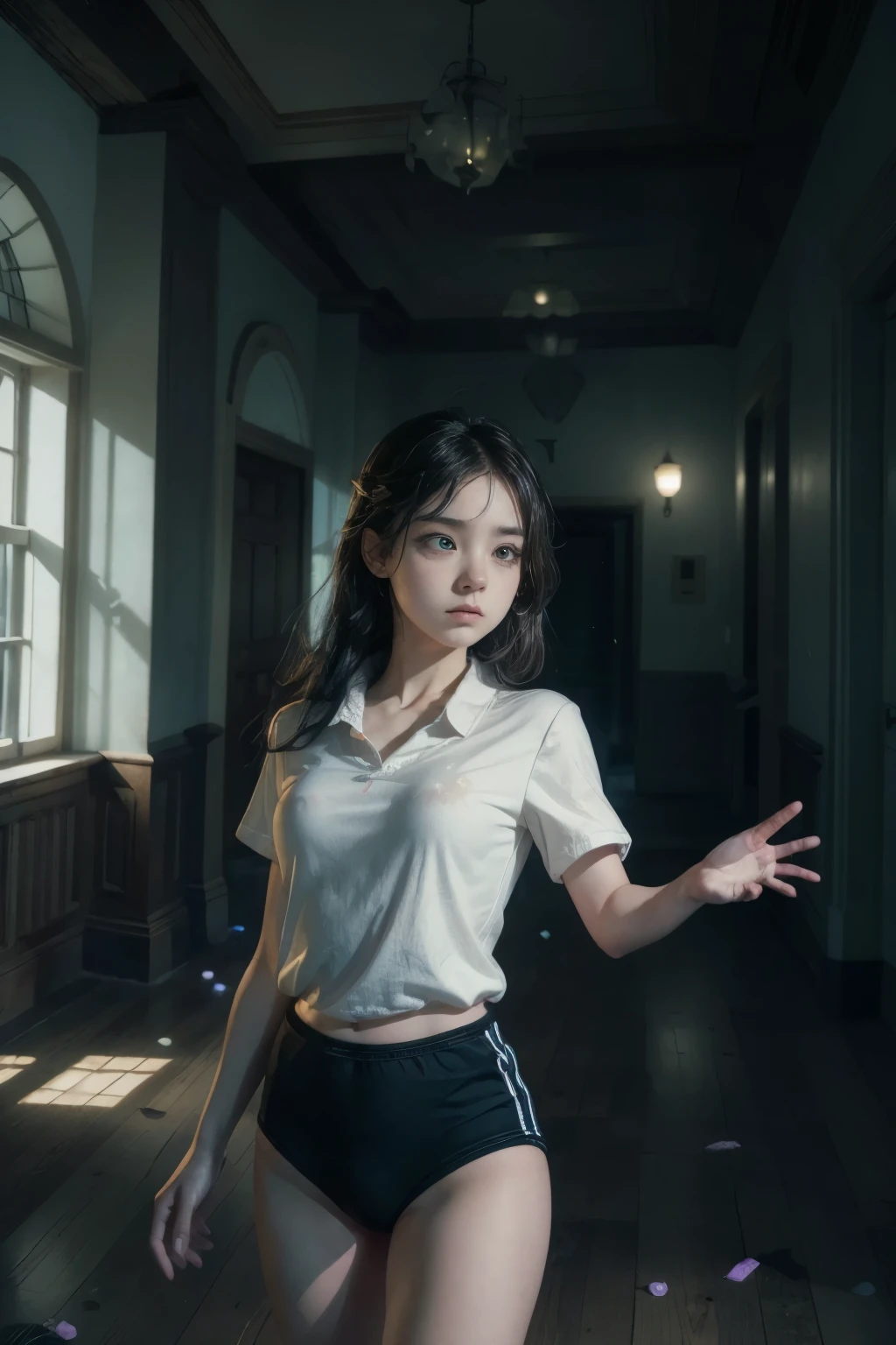 (masterpiece, highest quality), (night's ghost mansion), One Girl, young teen, Black gymnastics bloomers, High leg、white blouse, walking in night ghost house、Anxious expression, Emotional, Wide-angle, dark, Best Shadow, watercolor,ghost、devil、Death Strikes、Fate of Death,Dark corridor、 cowboy shot
