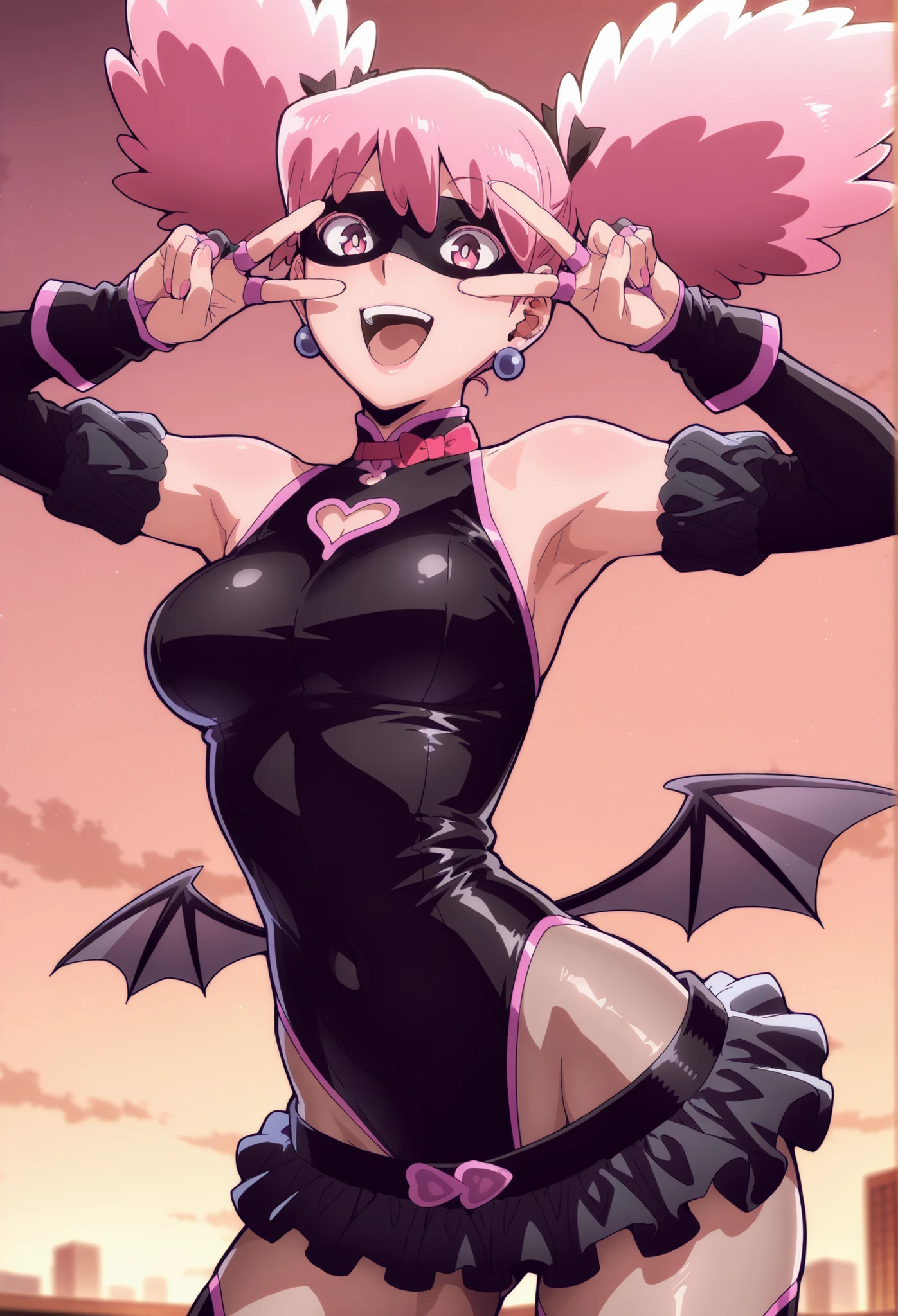 masterpiece, best quality, amazing quality, aesthetic, absurdres, best quality, Kazuho, 1girl, pink hair, solo, wings, earrings, jewelry, mask, twintails, leotard, skirt, pink eyes, bridal gauntlets, gloves, upscale, Stripclup, poledance, Sexy pose, foreshortening, v, open mouth, smile, Big Tits,