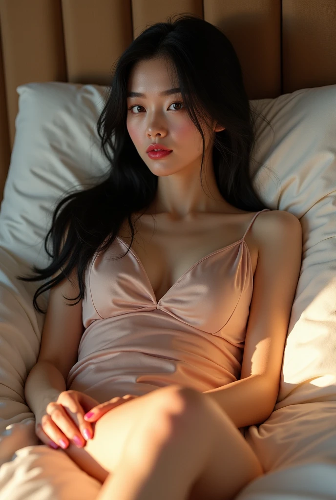 dress, fashi-girl, red lips, mature female, makeup, eyes. Pretty eyes, ((Random shooting angles)), (best quality, masterpiece:1.2), ultra-detailed, (realistic:1.37), beautiful, youthful, glamorous model with (detailed eyes, detailed lips, extremely detailed eyes), with white and floral colors, showcasing a radiant smile, slender figure, long legs, creating a breathtaking depiction of a girl, Warm tones, extremely high color saturation, official art, extremely detailed CG unified 8k wallpaper,(High dynamic range :1.4), (cinematic),(soft colors, dull colors, soothing tones :1.3), (natural skin texture, ultra-realistic, soft light, sharp),(very detailed), Pose for a picture lying in bed, elegant pose, attractive pose