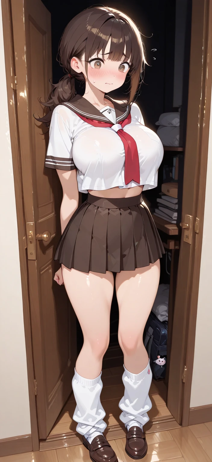 (Realistic, Photorealistic:1.4), (8k, best quality, masterpiece:1.2), best quality, face focus, soft light, ultra high res, Masterpiece, , , , full body, solo, Japanes, 1girl, 14yo ,,, (pupil, lights in the eyes), detailed Beautiful face, Beautiful Huge chest, Beautiful boob ,Beautiful body, pointed breasts beautiful thigh, Beautiful arms, Beautiful Hands, Beautiful legs, Beautiful feet (high resolution detail of human skin texture), (short hair),classroom, ,(top less, Pink pleated very thin microskirt,,,,, Bare legs, pumps), ,, smiling , standing, , , ,,, nfsw, no_panties no_bow, ,masterpiece,incredibly absurdres, no bra,