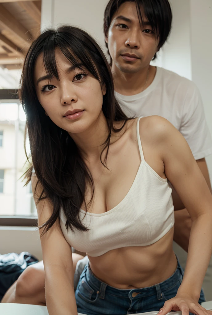 High resolution、High level image quality、high detail、masterpiece、realistic skin,、rough skitomically correct)、(two men and women standing together)、(( cute girl medium breasted woman_wearing a tanktop cleavage、7 Japanese male grandfather)）、((whole body_from head to foot))、one&#39;s home、Breast skin is not visible