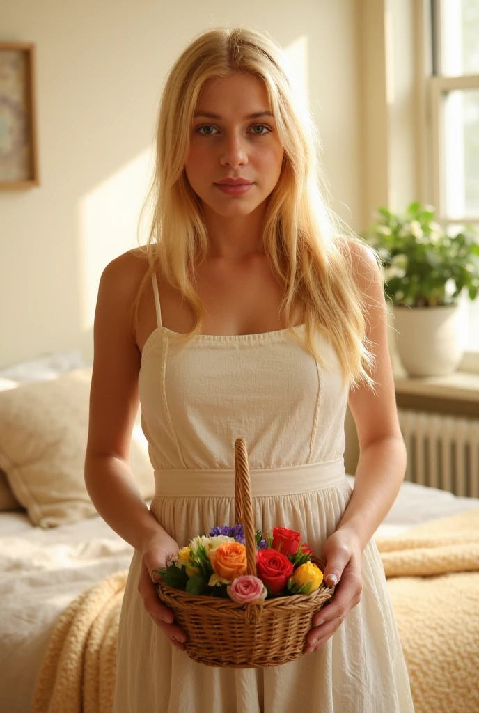 Sophie Turner with dyed blonde hair holding a large bouquet of flowers completely naked and smiling