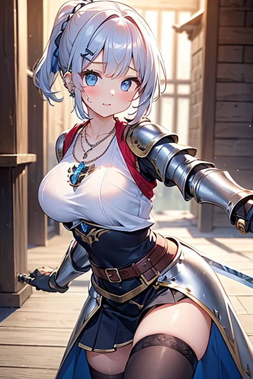 {{{masterpiece}}}, {{{highest quality}}}, NSFW:1.2,Woman warrior、swordsman、have a sword、(blonde、low ponytail、braided hair、Western armor、手にhave a sword、wariza、squat、humiliation:1.4、Sweat、blush:1.5)From above、look up、(Western castles、cobblestone)high contract、best lighting、most detailed、cinematic angle、