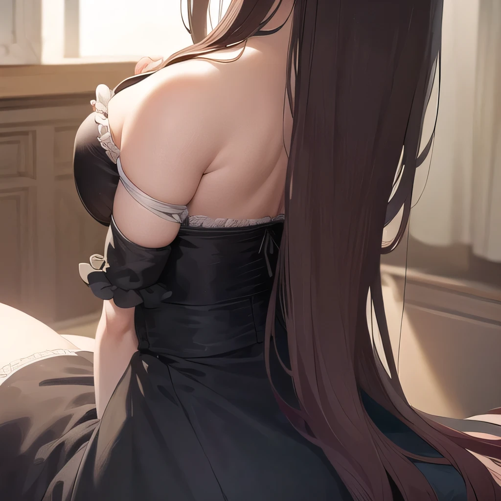 (1girl:1.3), (photorealistic:1.4), (masterpiece, top quality, best quality, official art), extreme detailed, highest detailed, (ultra-detailed), ((an extremely delicate and beautiful)), cinematic light, contemporary, 1girl, solo, long hair, pantyhose, red hair, bangs, high heels, white pantyhose, looking at viewer, bare shoulders, transparent thighband pantyhose, black footwear, forehead mark, parted bangs, dress, ass, floating, very long hair, side locks, breasts, full body, panties under pantyhose, facial mark, thighs, pointy ears, sitting, hair ornament, (((butt crack)))