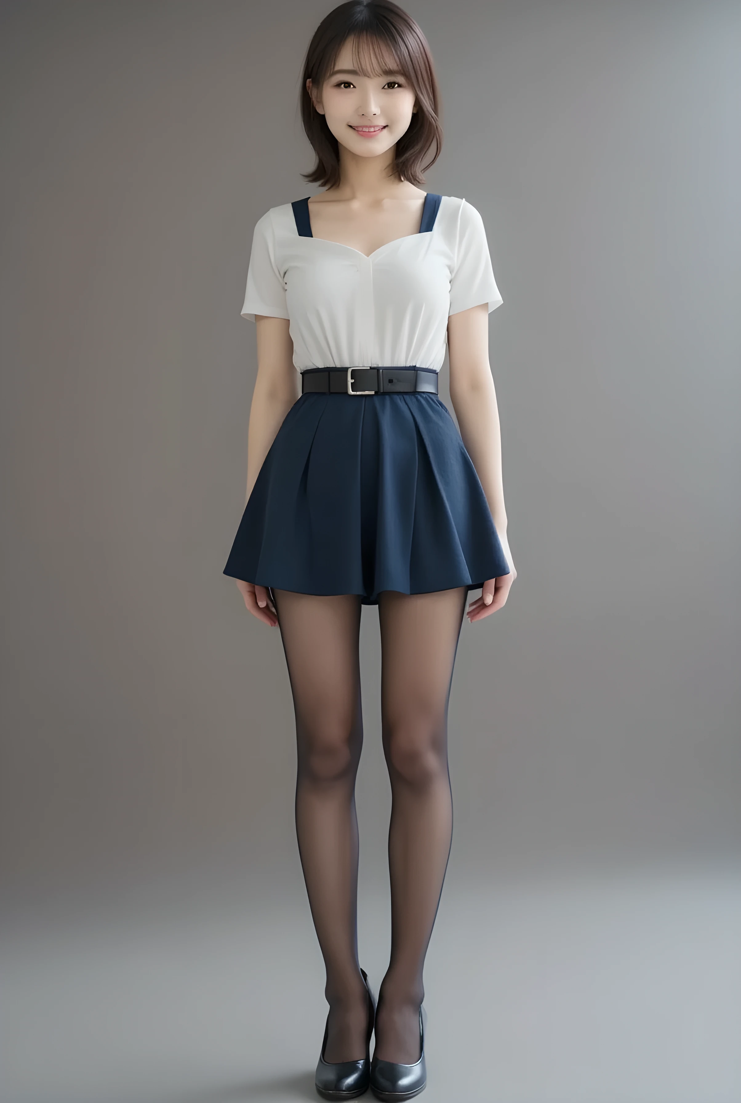 Super Real , photorealistic , (Full body image:1.5), she looks so happy , shadow, Global Illumination , Alone, (Japanese woman in her 20s :1.5), very beautiful、 cute smile , Slim, brown hair , beautiful legs , Long, slender legs , Surimi Waist , She's wearing a receptionist ,wearing a bus guide , turn your body forward、 white hair,full body photo ,Please take a picture up to the tip of your foot ,wear brown pantyhose on her legs ,When the light hits stockings, they reflects beautifully., wear black high heels ,