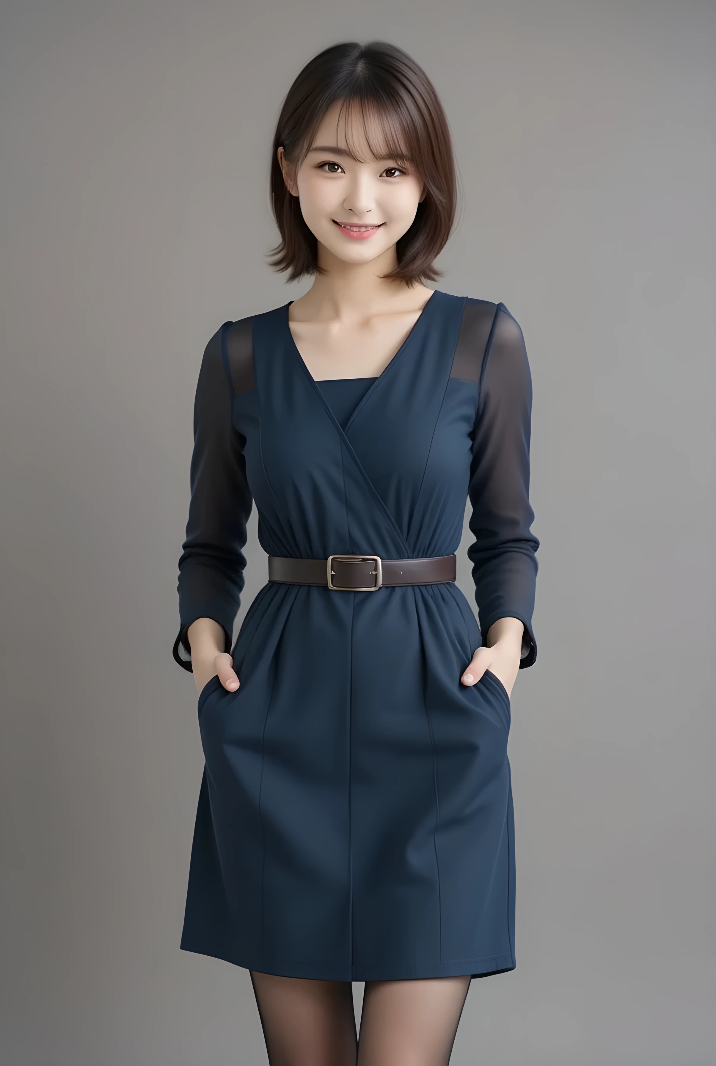Super Real , photorealistic , (Full body image:1.5), she looks so happy , shadow, Global Illumination , Alone, (Japanese woman in her 20s :1.5), very beautiful、 cute smile , Slim, brown hair , beautiful legs , Long, slender legs , Surimi Waist , She's wearing a receptionist ,wearing a bus guide , turn your body forward、 white hair,full body photo ,Please take a picture up to the tip of your foot ,wear brown pantyhose on her legs ,When the light hits stockings, they reflects beautifully., wear black high heels ,