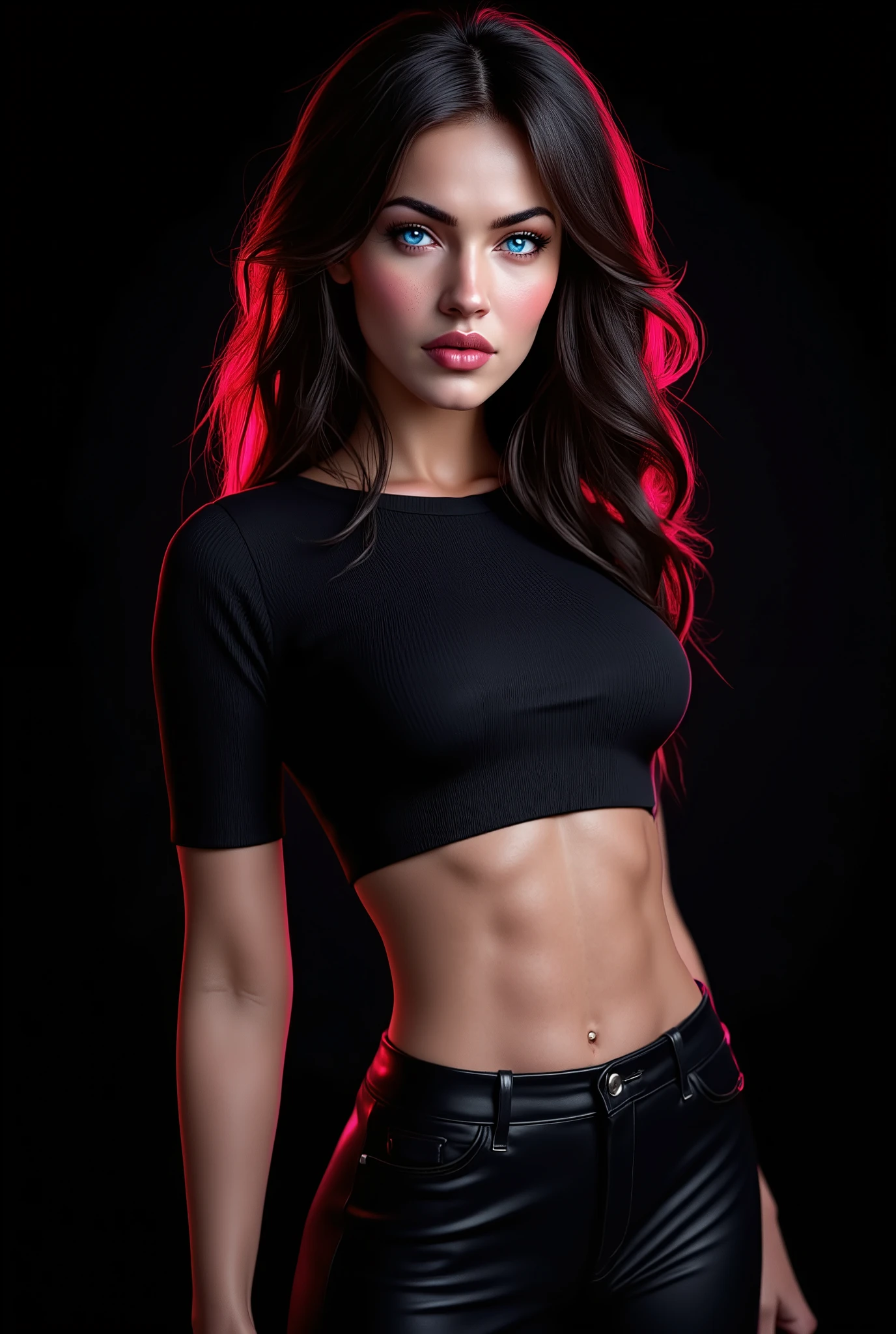 a young beautiful woman with long hair, (in ribbed crop top and leather pants on dark monochrome backdrop), (fine facial features), Tousled luxuriant hair, Supermodel, wavy hair, High resolution, (Masterpiece, Best Quality, High Quality:1.4), Intricate Details, sharp focus, detailed photograph, photorealistic lighting, trending on pixiv, trending on ArtStation, (soft lighting, vibrant colors:1.05), stylish dress