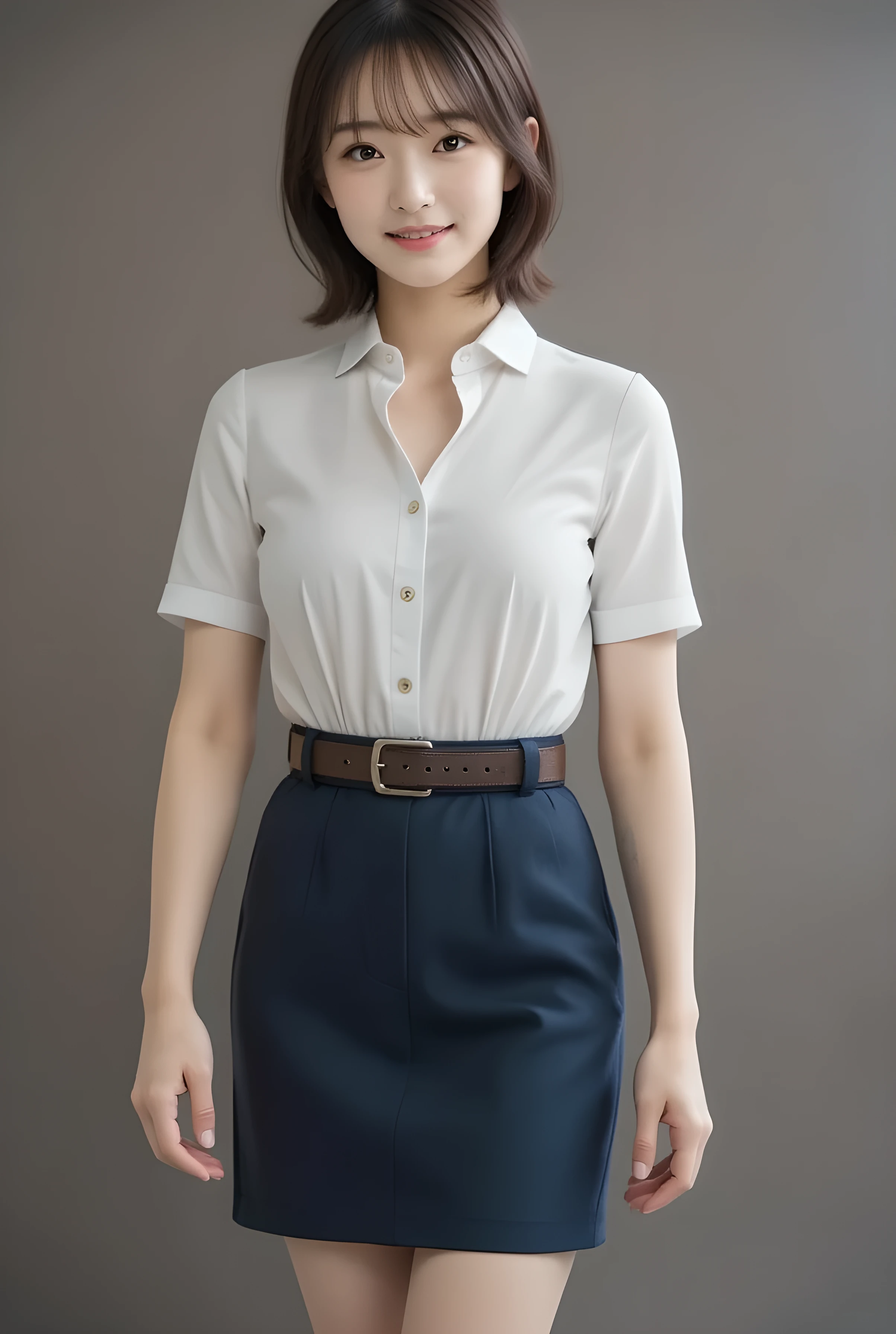 Super Real , photorealistic , (Full body image:1.5), she looks so happy , shadow, Global Illumination , Alone, (Japanese woman in her 20s :1.5), very beautiful、 cute smile , Slim, brown hair , beautiful legs , Long, slender legs , Surimi Waist , She's wearing a receptionist ,wearing a bus guide , turn your body forward、 white hair,full body photo ,Please take a picture up to the tip of your foot ,wear brown fishnet stockings on her legs ,When the light hits stockings, they reflects beautifully., wear black high heels ,